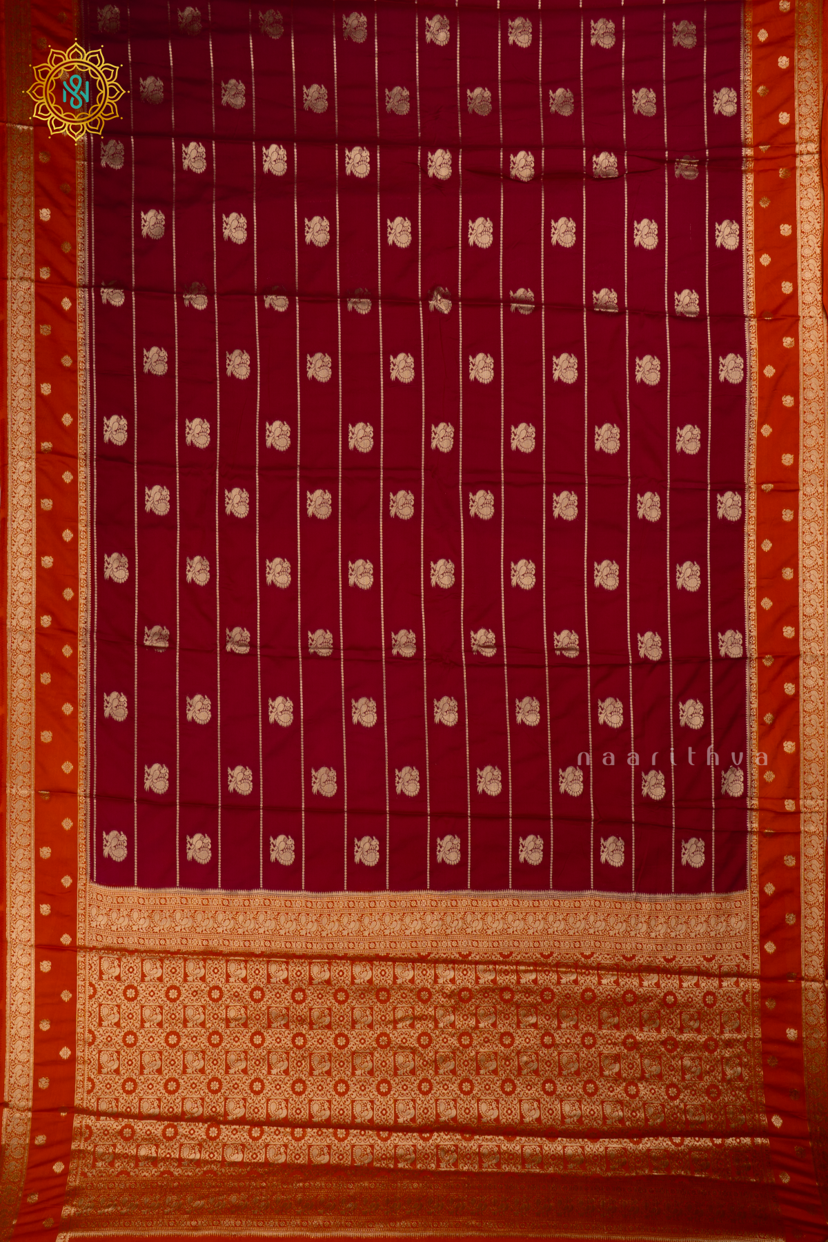 Brown with Rust Orange Semi Mysore Crepe Silk Saree with All-Over Zari Stripes and Zari Buttas on the Body and a Contrast Zari Border