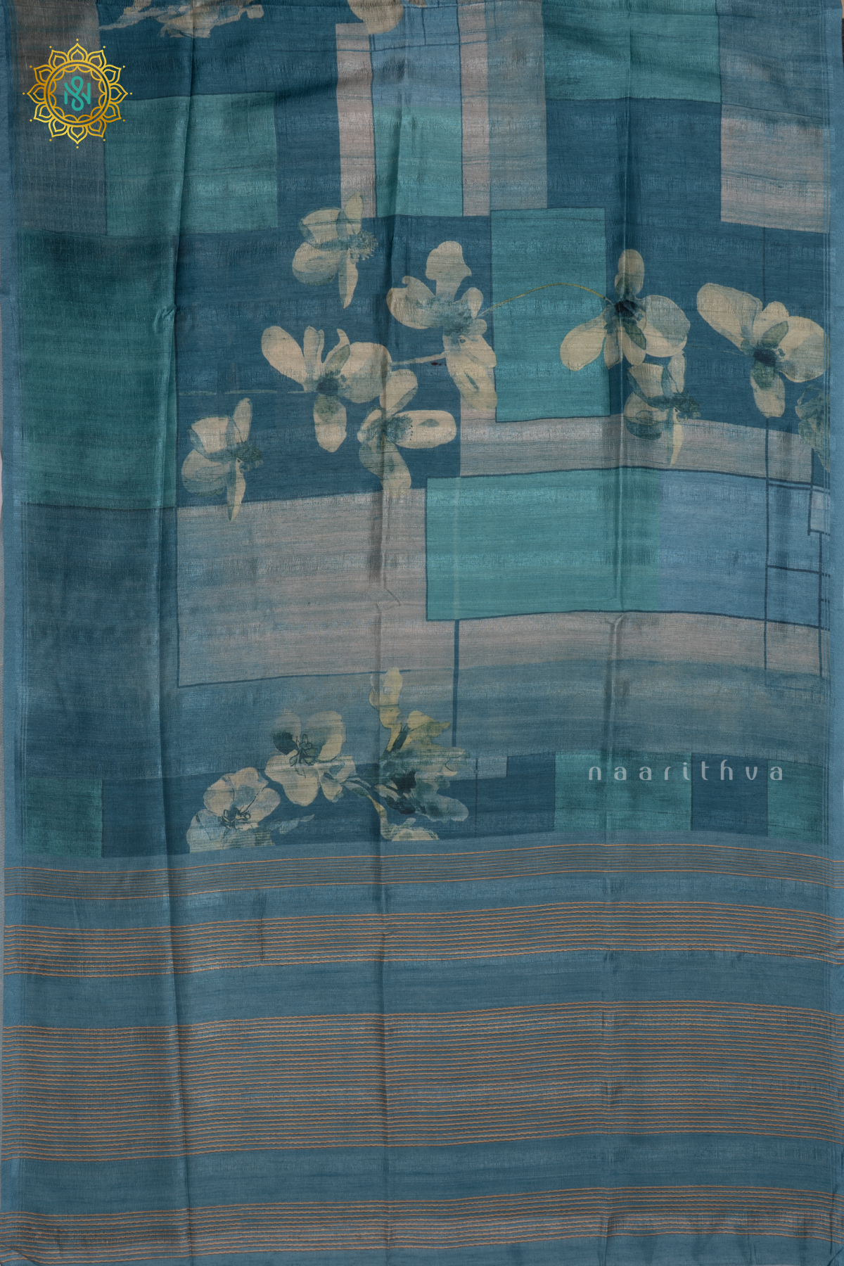 Peacock Blue Semi Gicha Tussar Saree With Printed Body, Pallu And Blouse