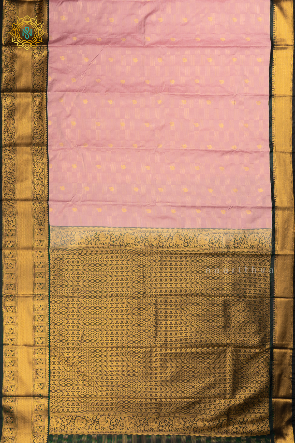 Pinkish Lavender with Dark Peacock Green Semi Kanchi Saree With Zari Buttas All Over And Contrast Zari Gap Border