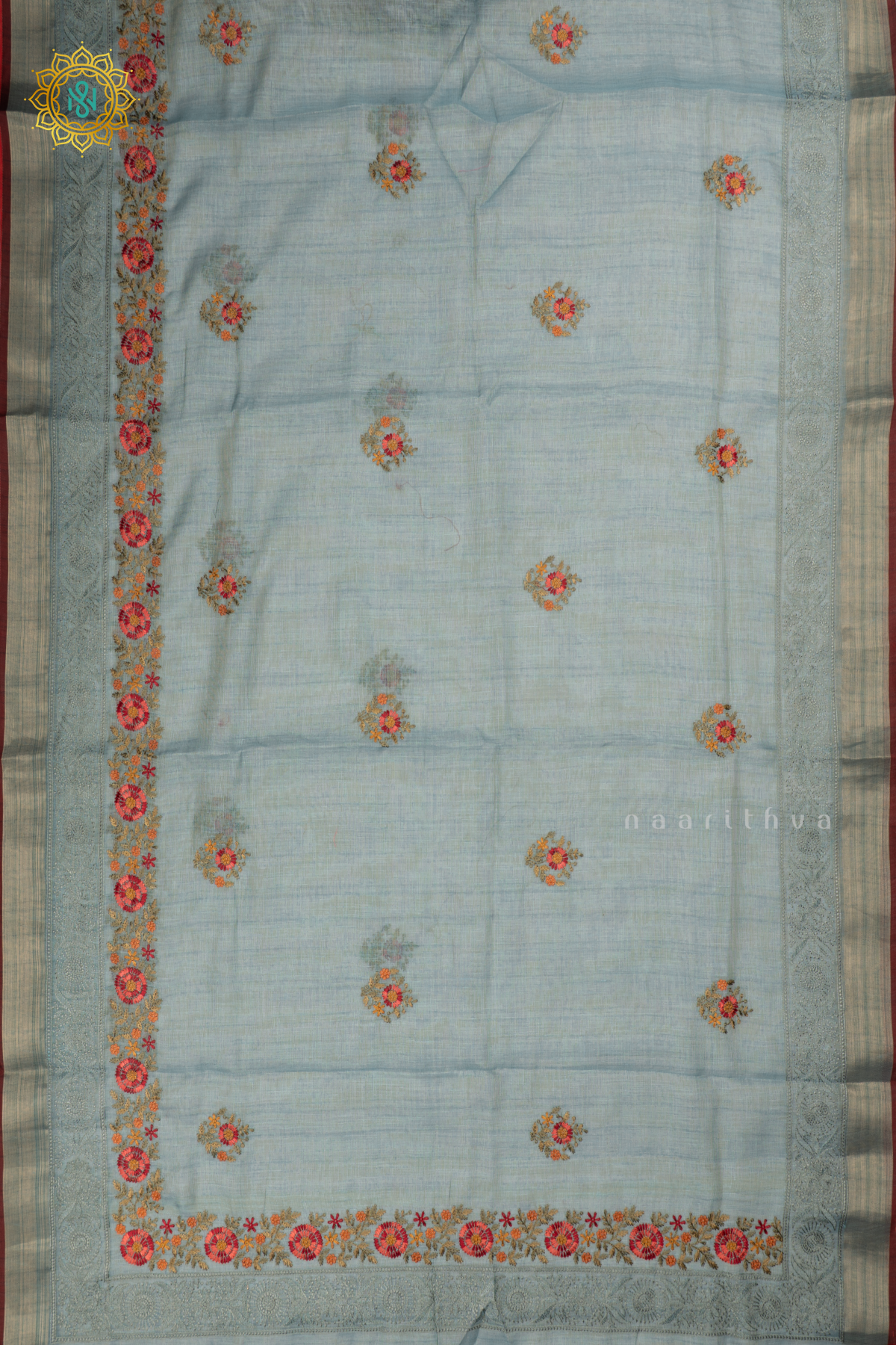 Blue - Linen Tissue Saree Allover Thread Work Buttas with Tissue Border