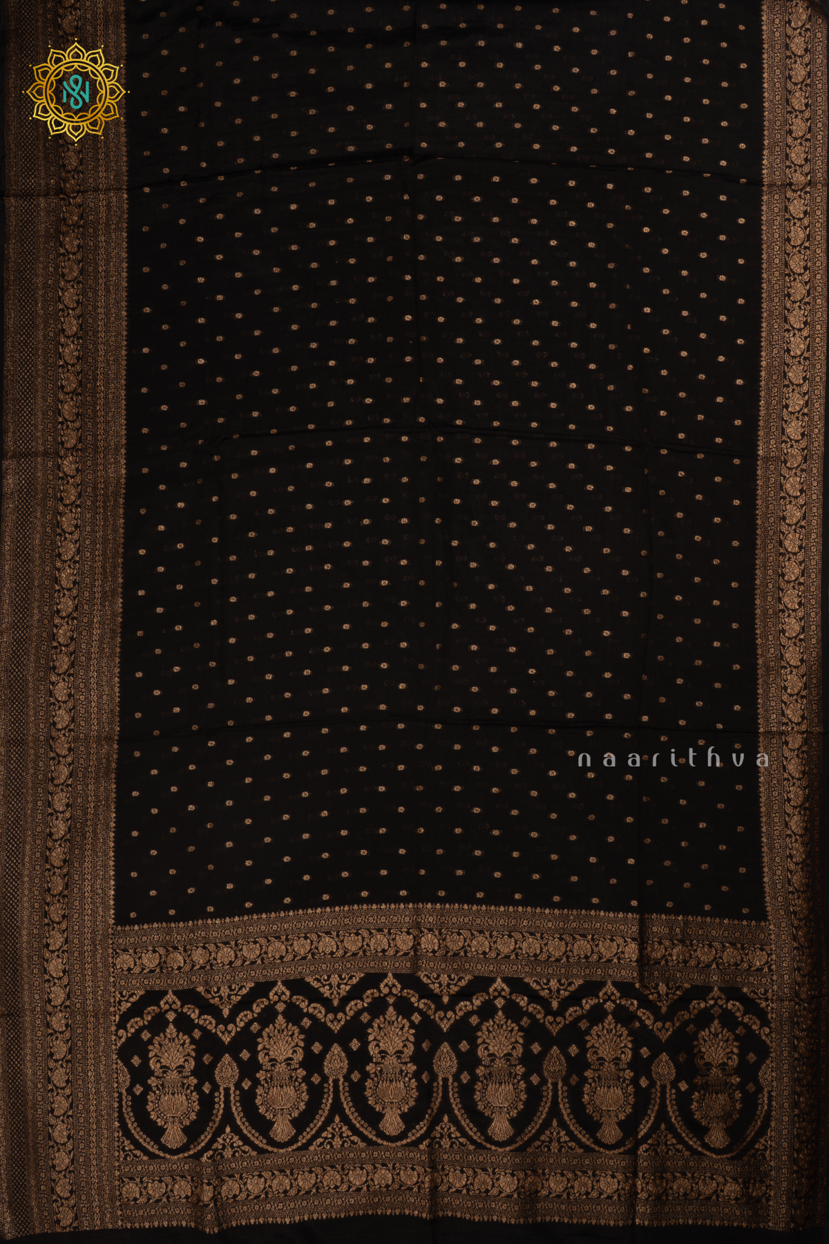Black Semi Banarasi Crepe Silk Saree with All-Over Zari Buttas and a Zari Border