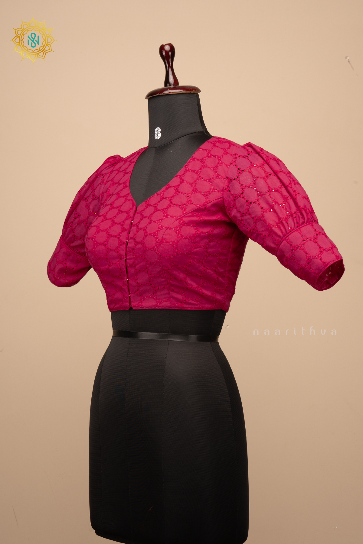 Pink - Cotton readymade blouse with hakoba work and puff sleeves
