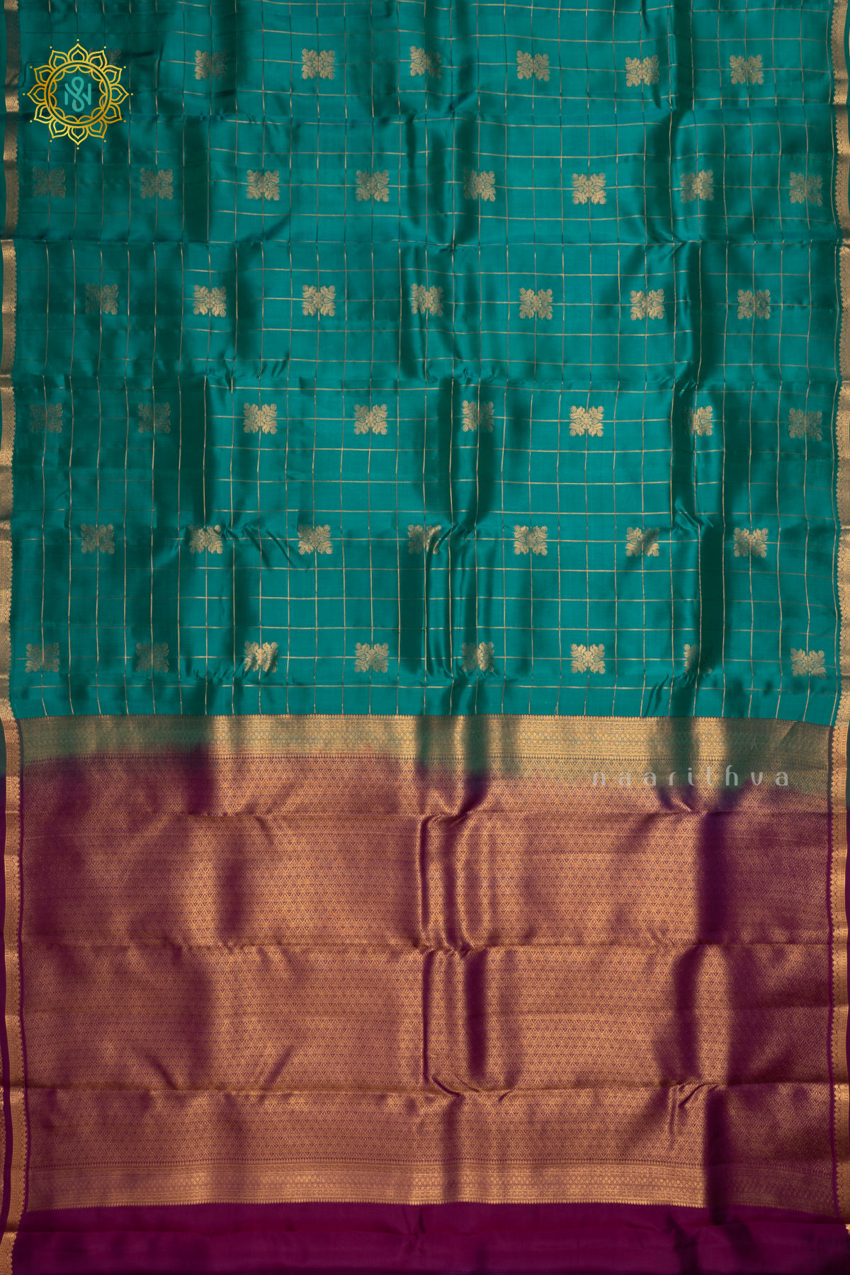 Dual Shade of Blue Semi Kanchi Silk Saree with Zari Checks And Buttas All Over With Zari Border