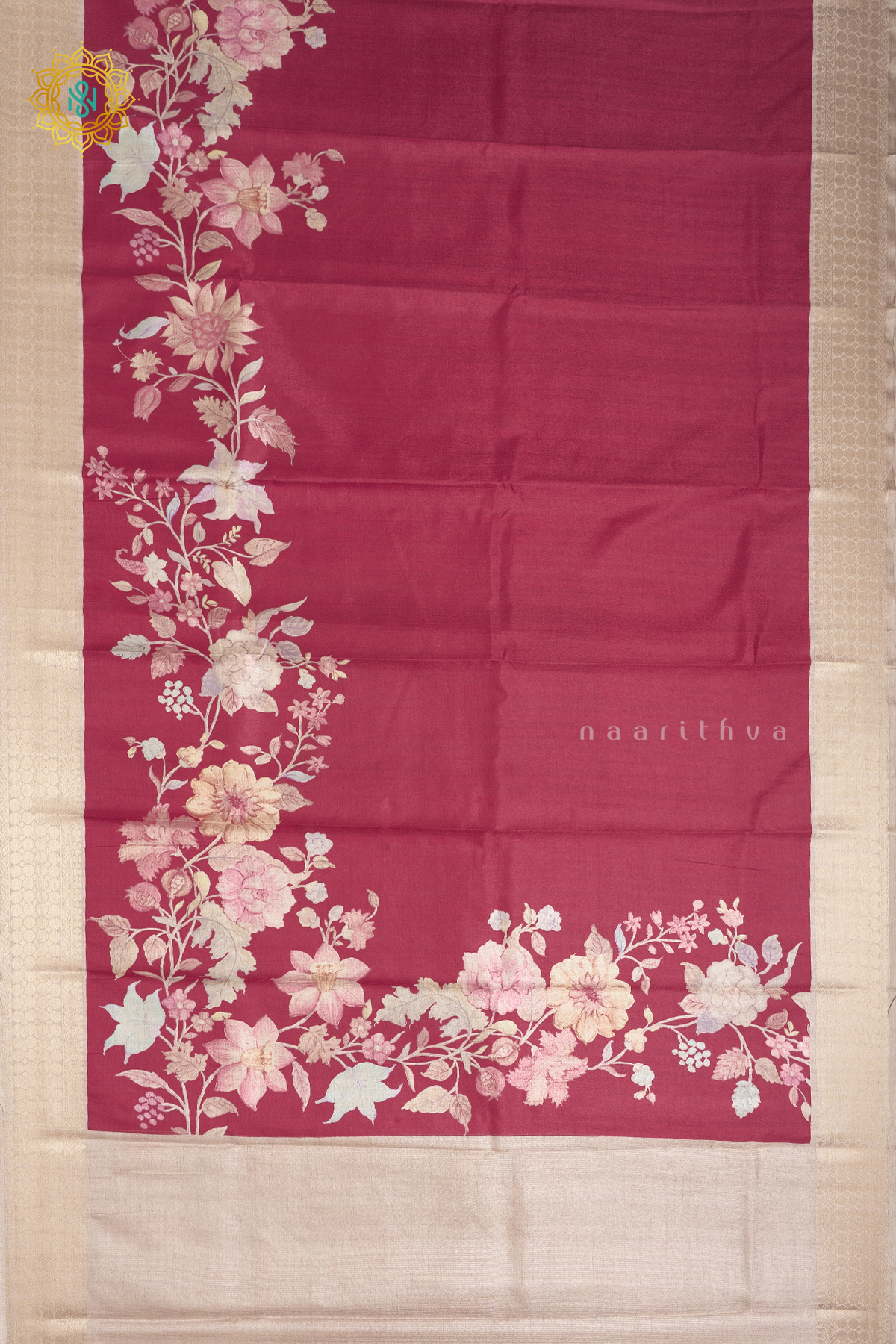 RED WITH OFF WHITE - SEMI TUSSAR SILK