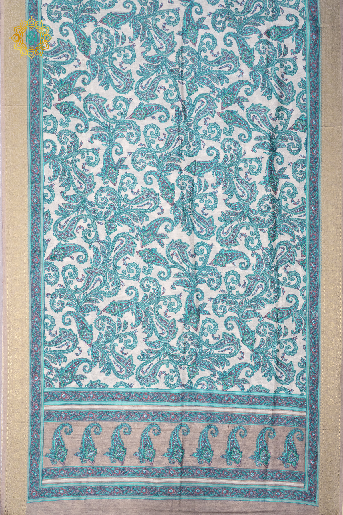OFF WHITE WITH AQUA GREEN - SOFT TUSSAR