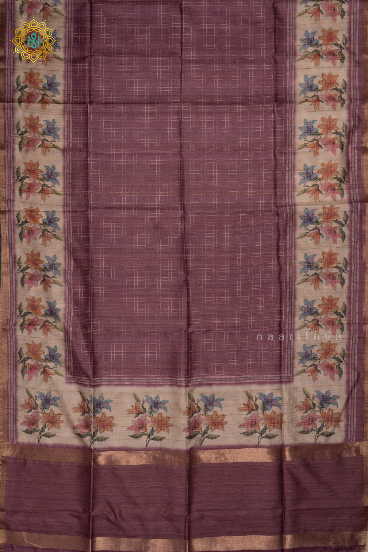 Lavender Semi Tussar Silk Saree With Printed Checks On The Body And Printed Border
