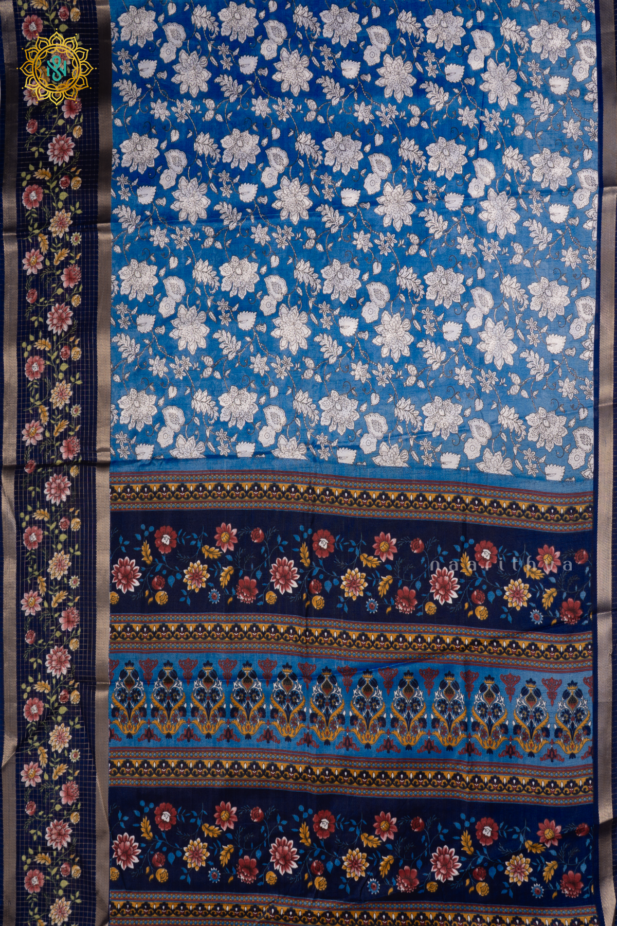 Light Blue With Navy Dola Silk Saree With Printed Body And Contrast Zari Checks Border