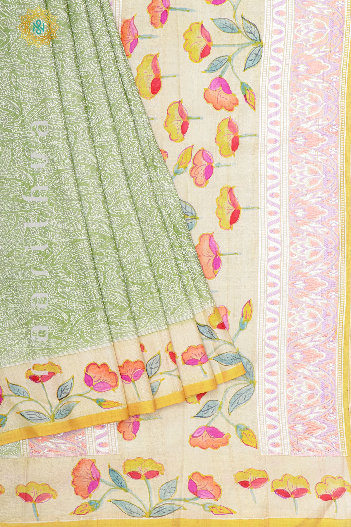 GREEN WITH OFF WHITE & YELLOW - PURE HAND PAINTED TUSSAR GEORGETTE