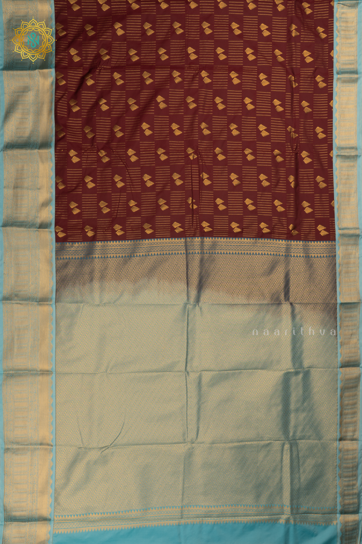 Maroon with Blue Semi Kanchi Saree With Zari Buttas All Over And Contrast Zari Border