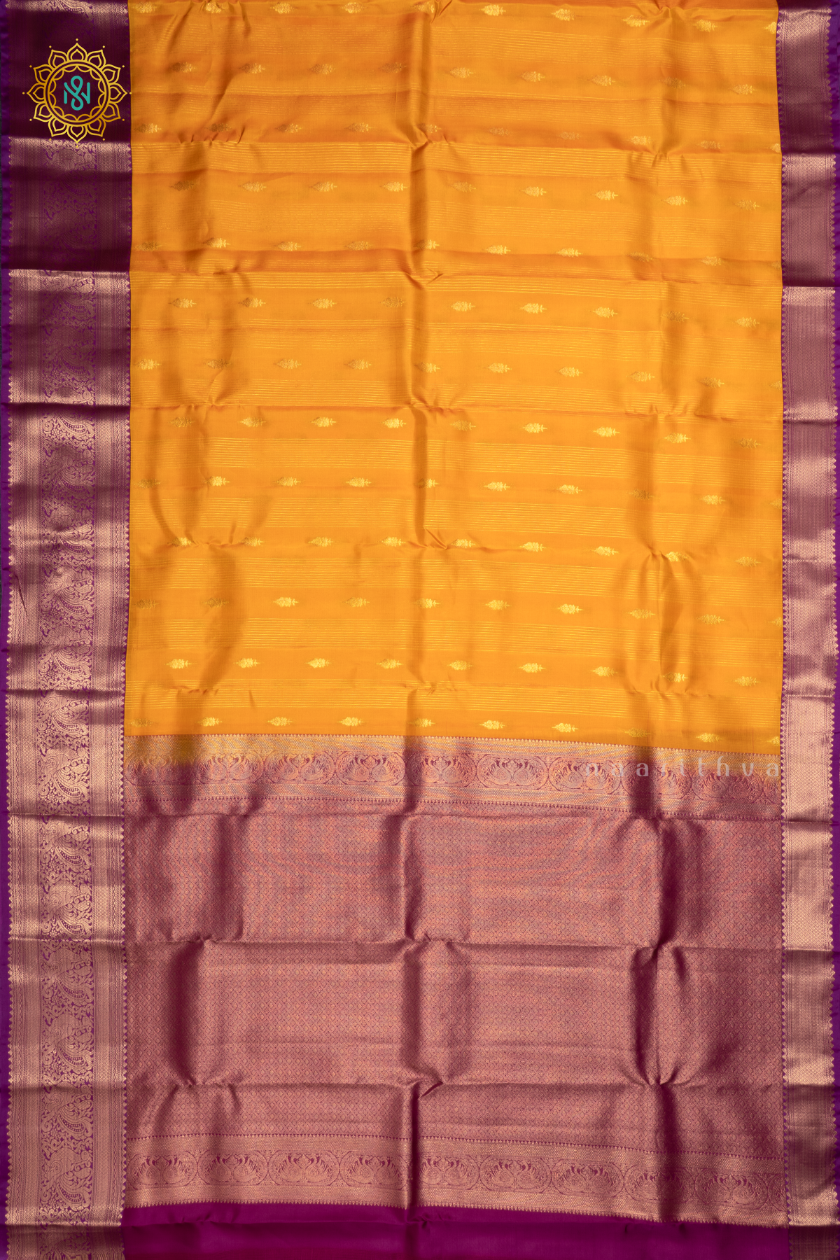 Yellow with Magenta Pure Mix Kanjivaram Silk Saree with Zari Woven Stripes, Buttas and Zari Woven Contrast Border