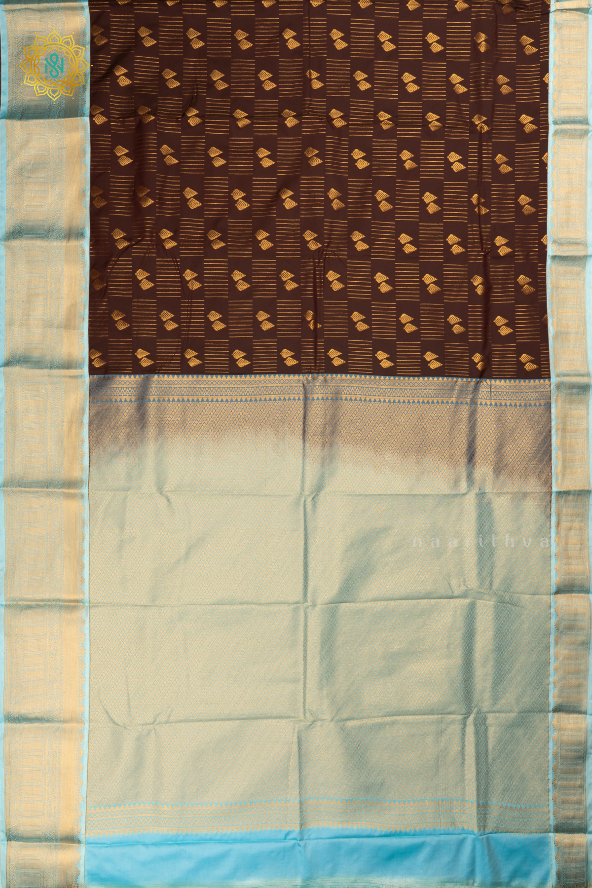 Chocolate Brown with Blue Semi Kanchi Saree With Zari Buttas All Over And Contrast Zari Border
