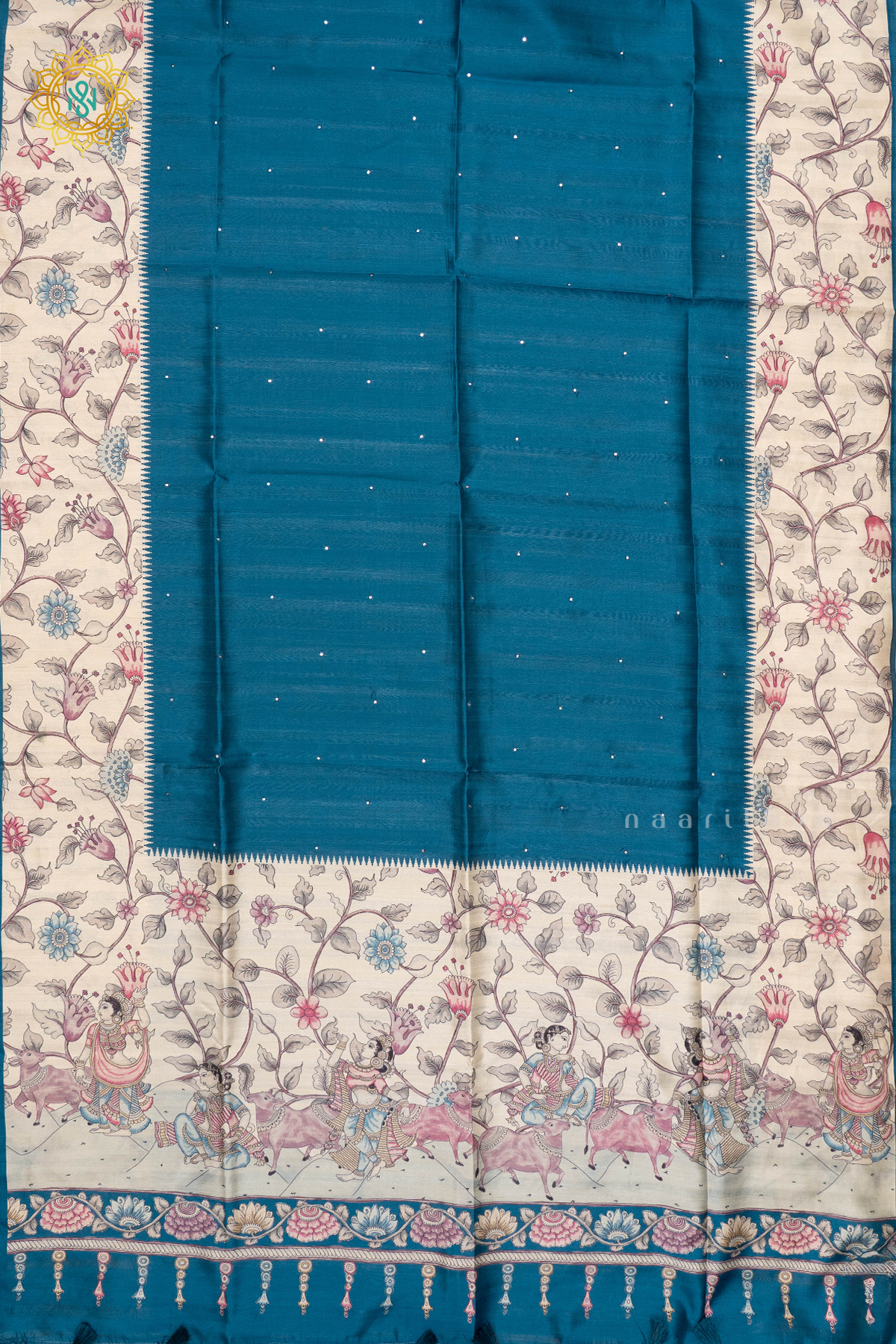 PEACOCK BLUE WITH WHITE - SEMI TUSSAR SILK