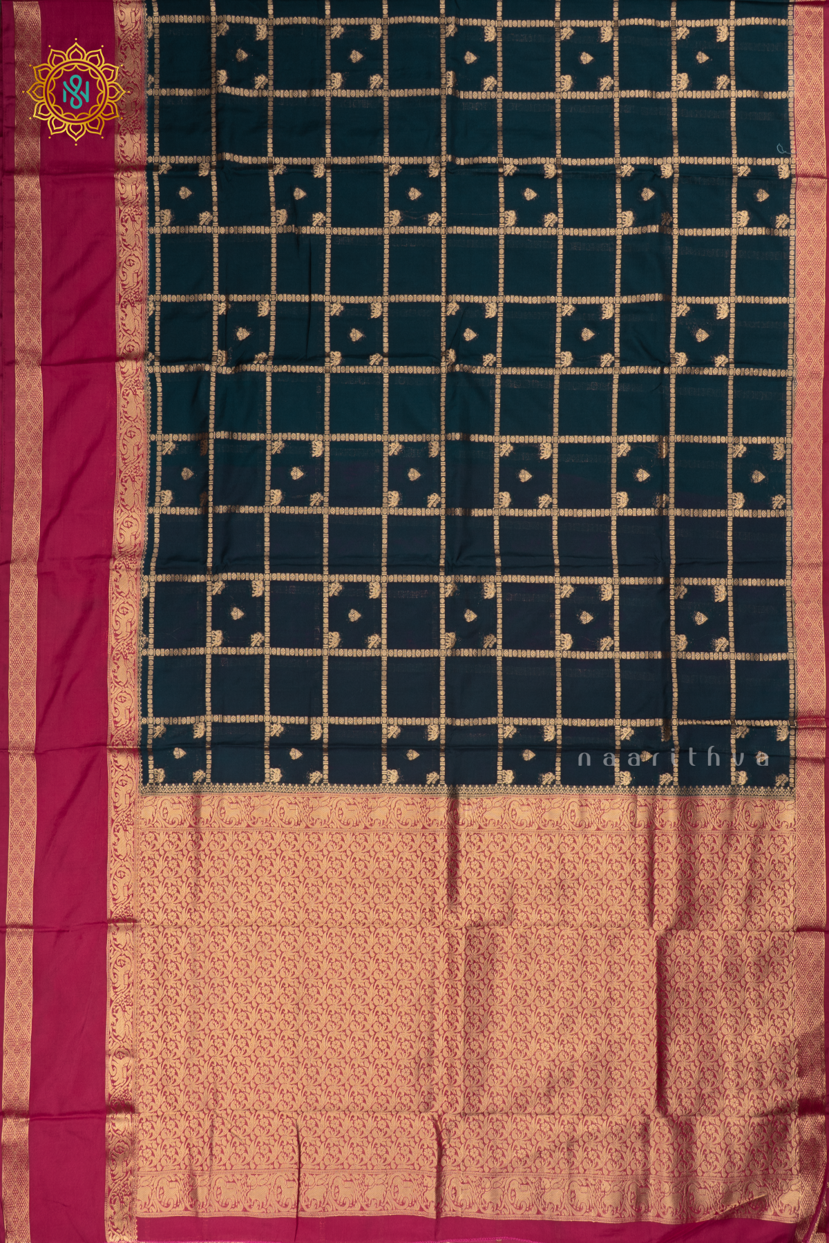 Dark Blue With Magenta Semi Crepe Silk Saree All Over Zari Checks And Buttas With Contrast Zari Gap Border