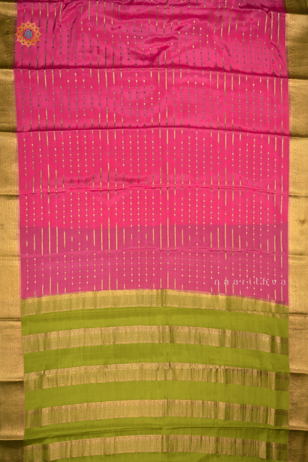 PINK WITH OLIVE GREEN - PURE MYSORE CREPE SILK
