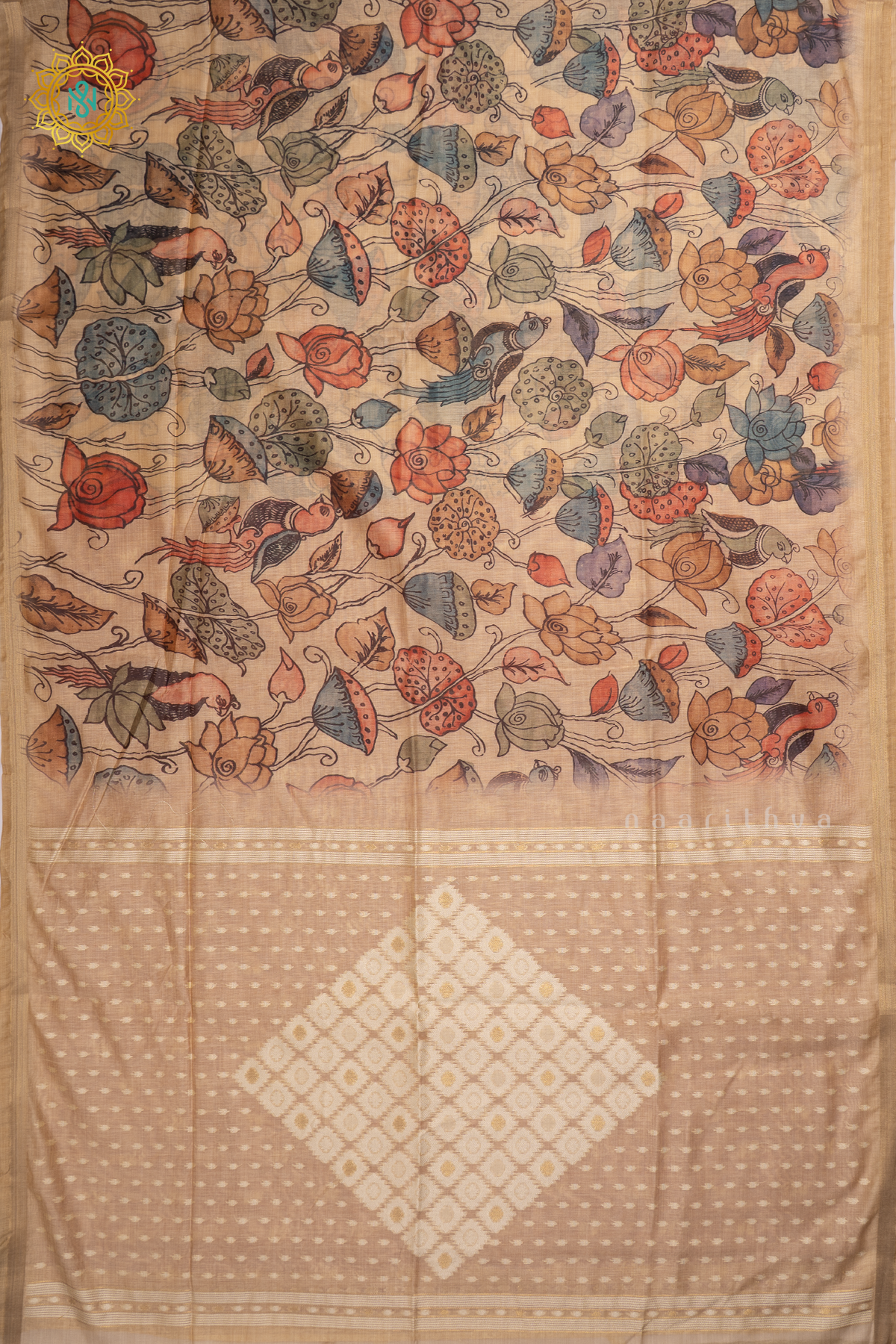 Beige With Light Pink Linen By Cotton Saree With Kalamkari Prints On The Body