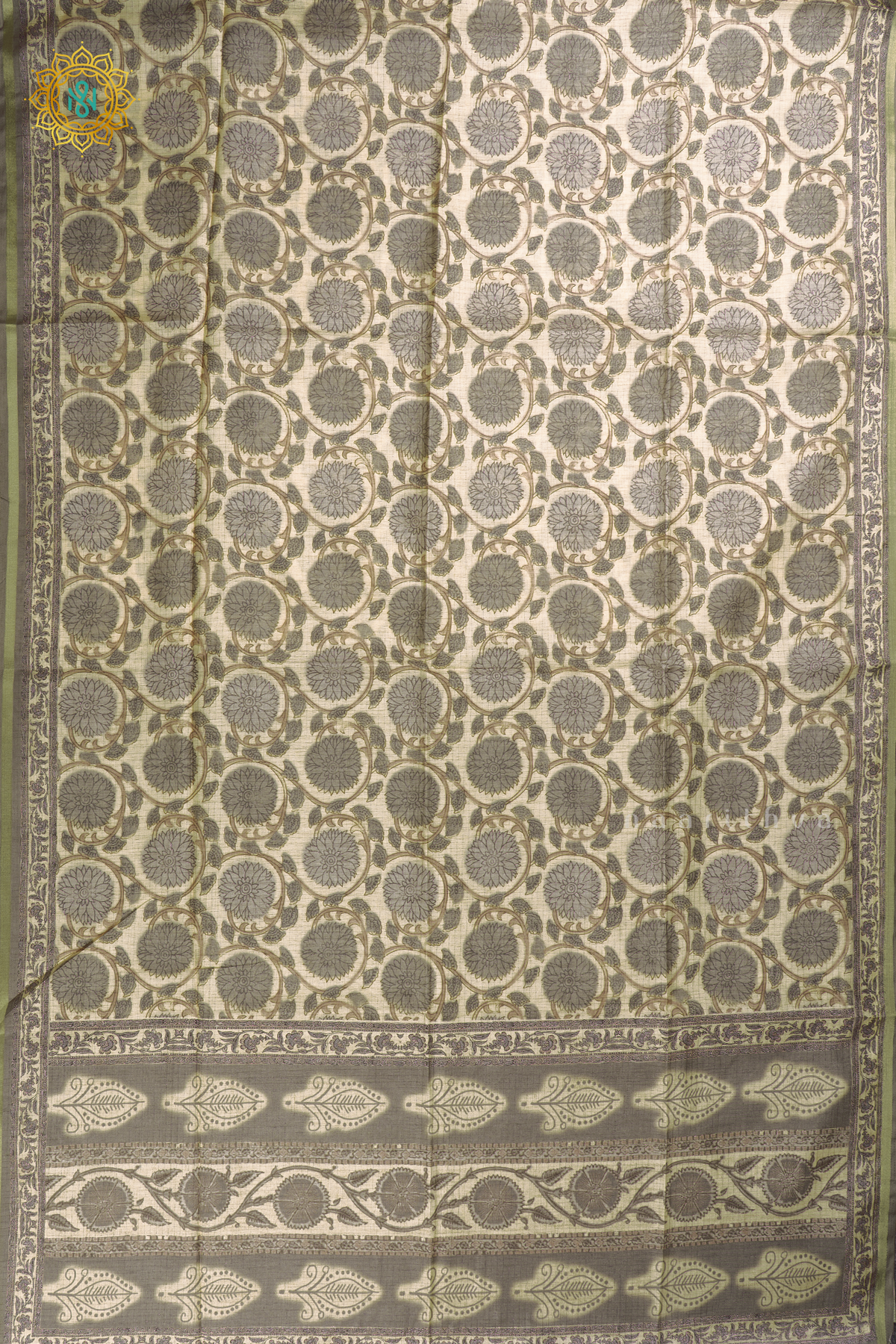 Beige With Grey Semi Tussar Silk Saree With Printed Body And Tissue Border