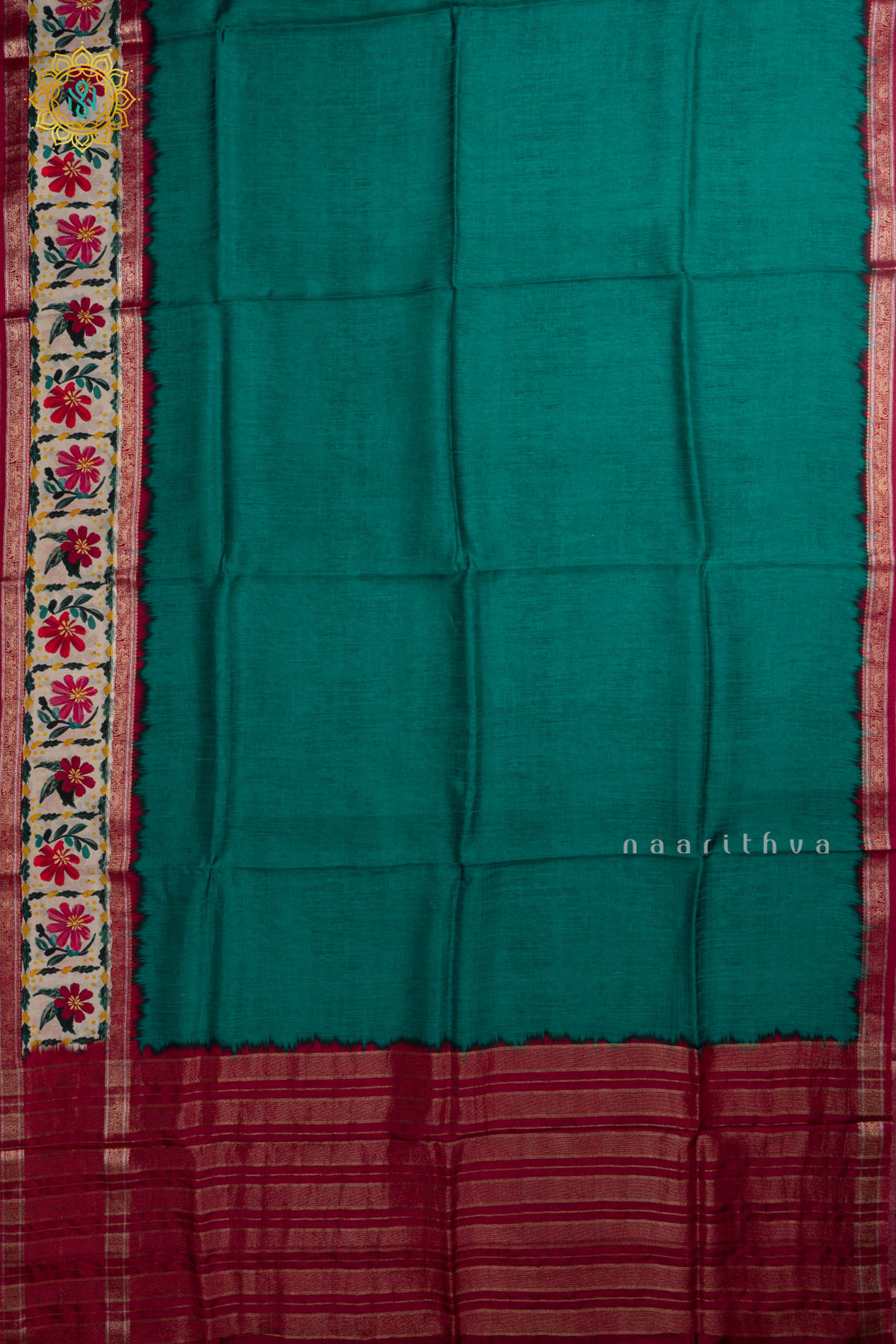 Aqua Blue With Red Printed Semi Crepe Silk With Contrast Border, Pallu