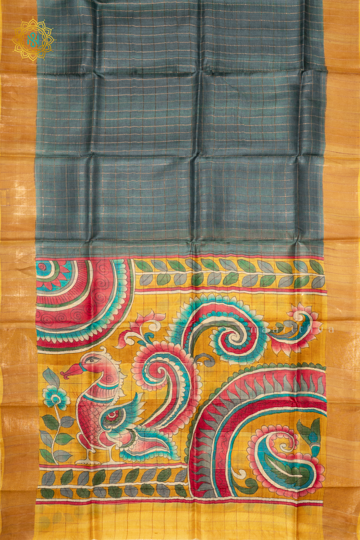 GREY WITH MUSTARD - PURE TUSSAR SILK