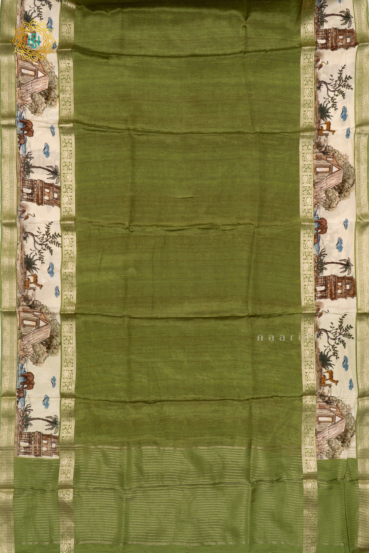 PARROT GREEN WITH OFF WHITE - SEMI CREPE SILK