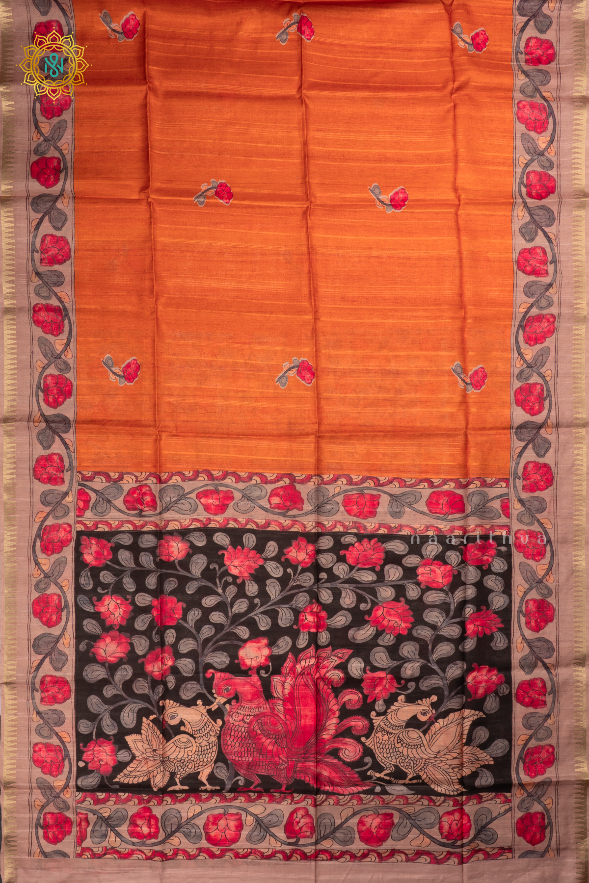 Orange Semi Tussar Silk Saree With Kalamkari Prints allover the body,Pallu and Zari Border