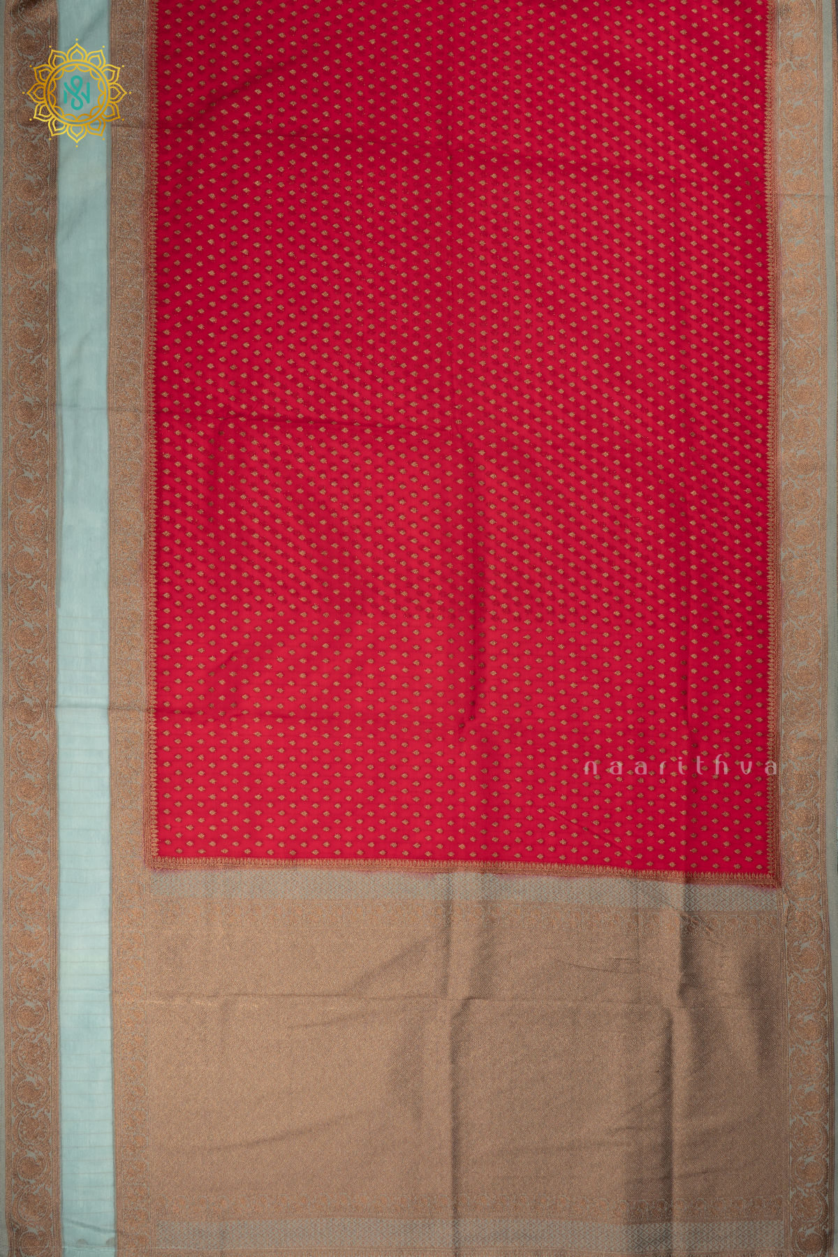 Red With Sky Blue Semi Georgette Saree With Zari Buttas All Over And Contrast Zari Gap Border