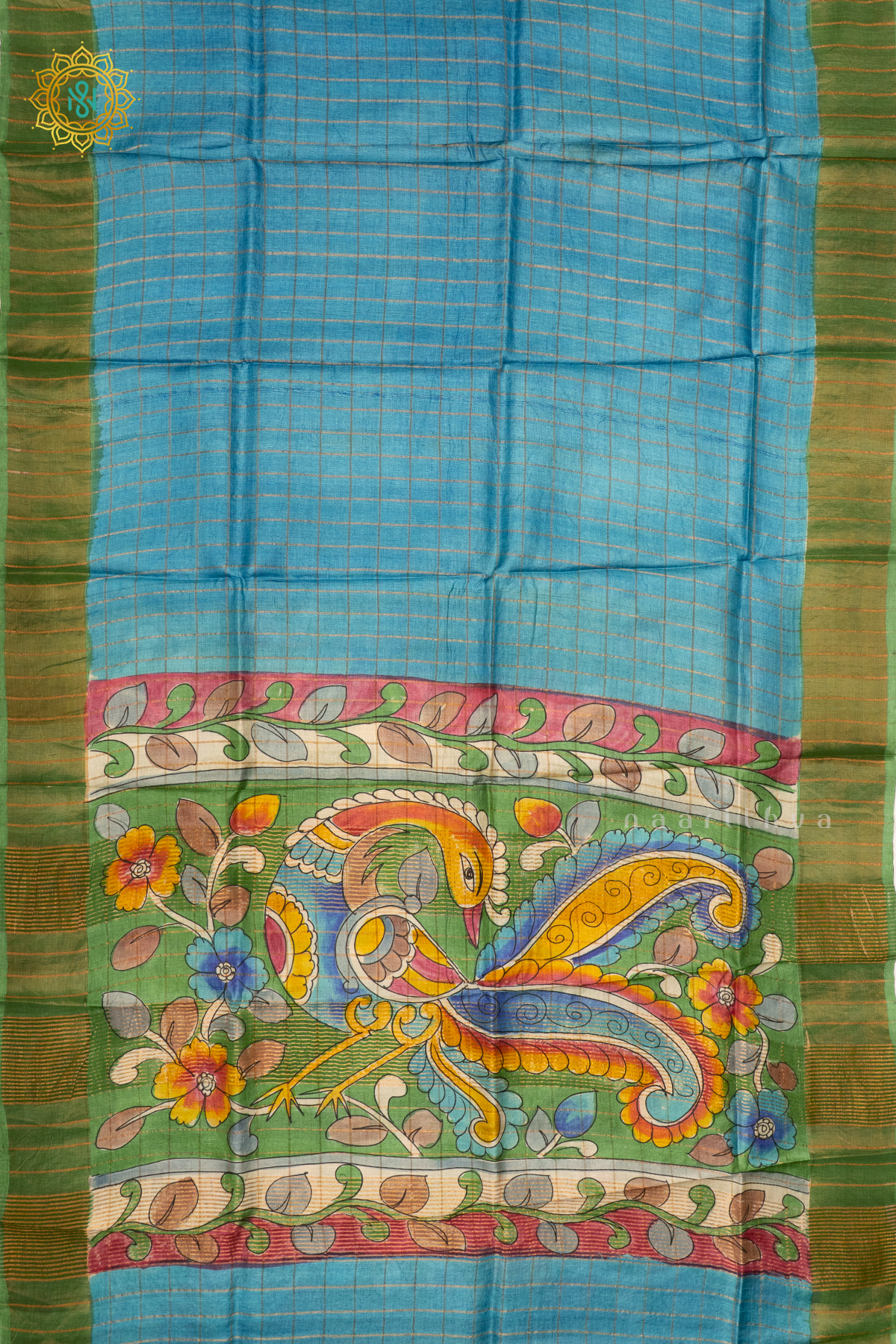 SKY BLUE WITH GREEN - PURE TUSSAR SILK
