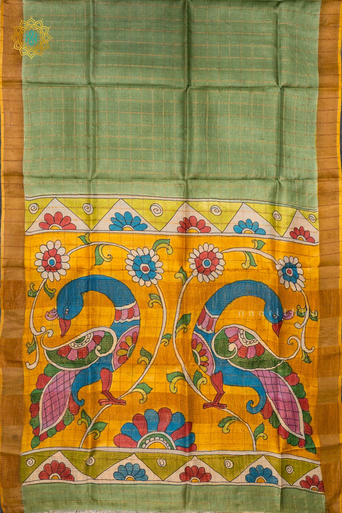 PISTA GREEN WITH MUSTARD - PURE TUSSAR SILK