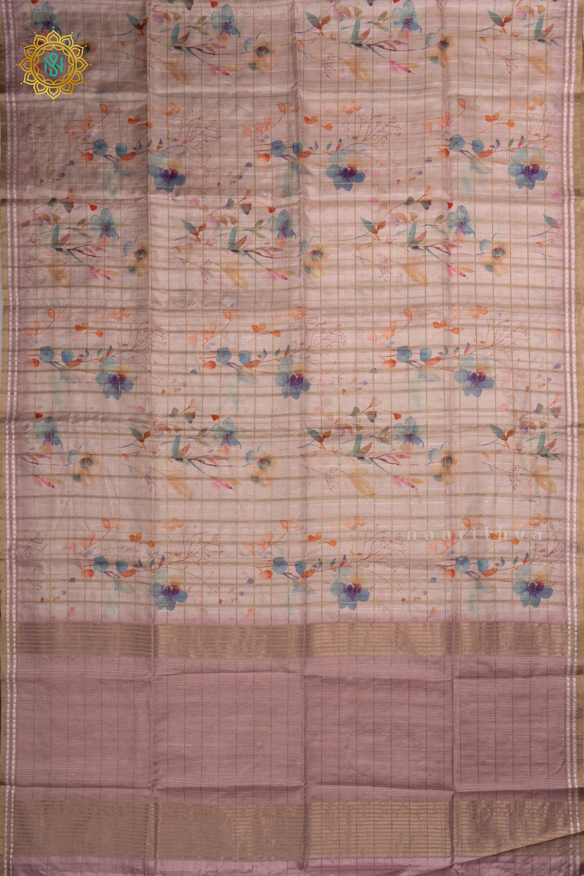 Light Pink - Kotha Tussar Silk Saree with Allover zari Checks and Printed Body with pallu and Blouse