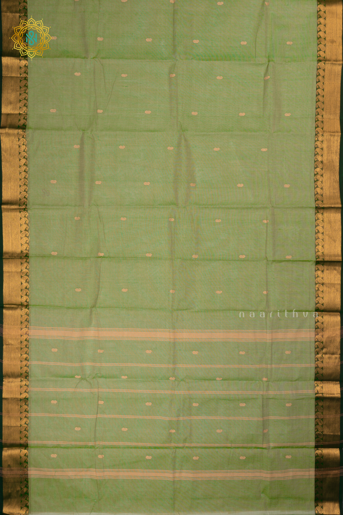 Pista Green With Bottle Green - Chettinad Cotton Saree Allover Thread Woven Buttas With Contrast Zari Border