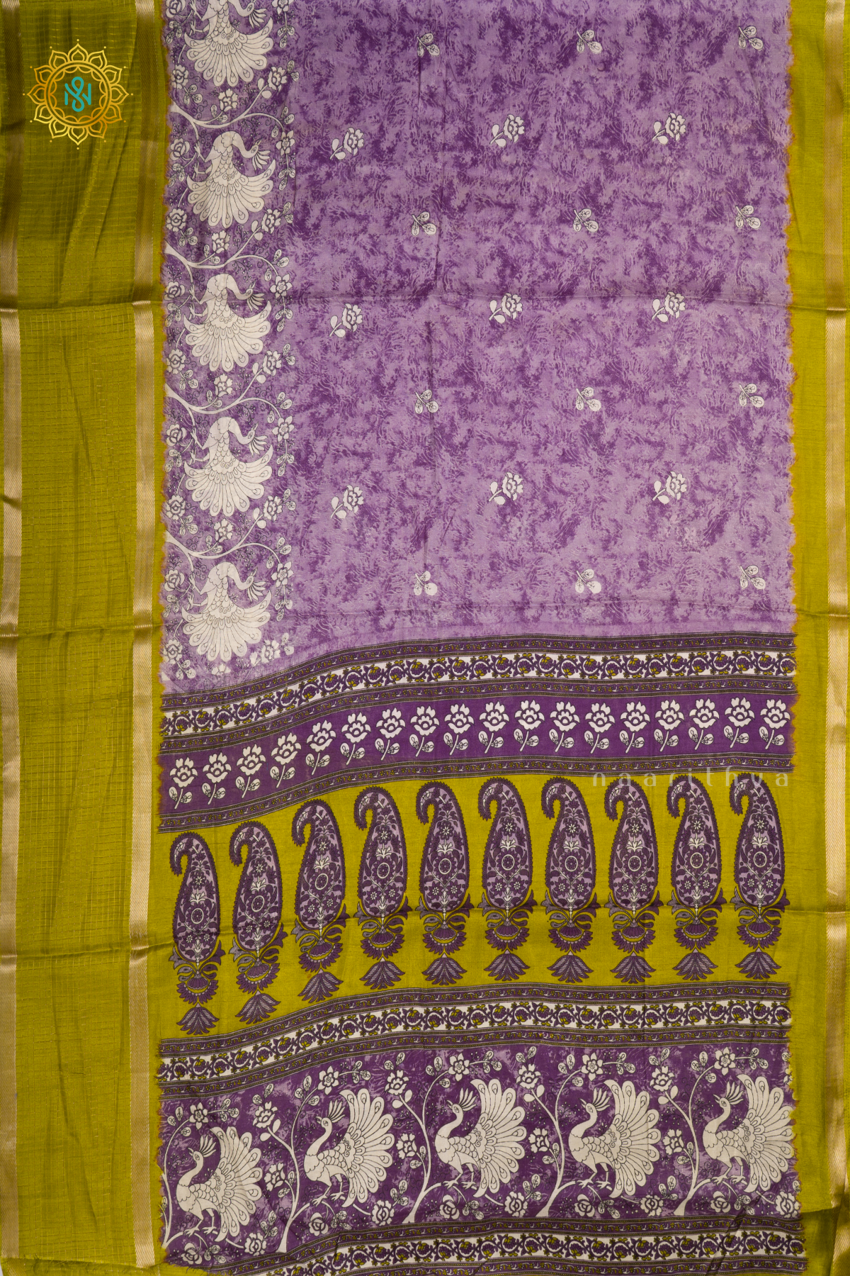 Lavender With Parrot Green Dola Silk Saree With Printed Body And Contrast Zari Checks Border