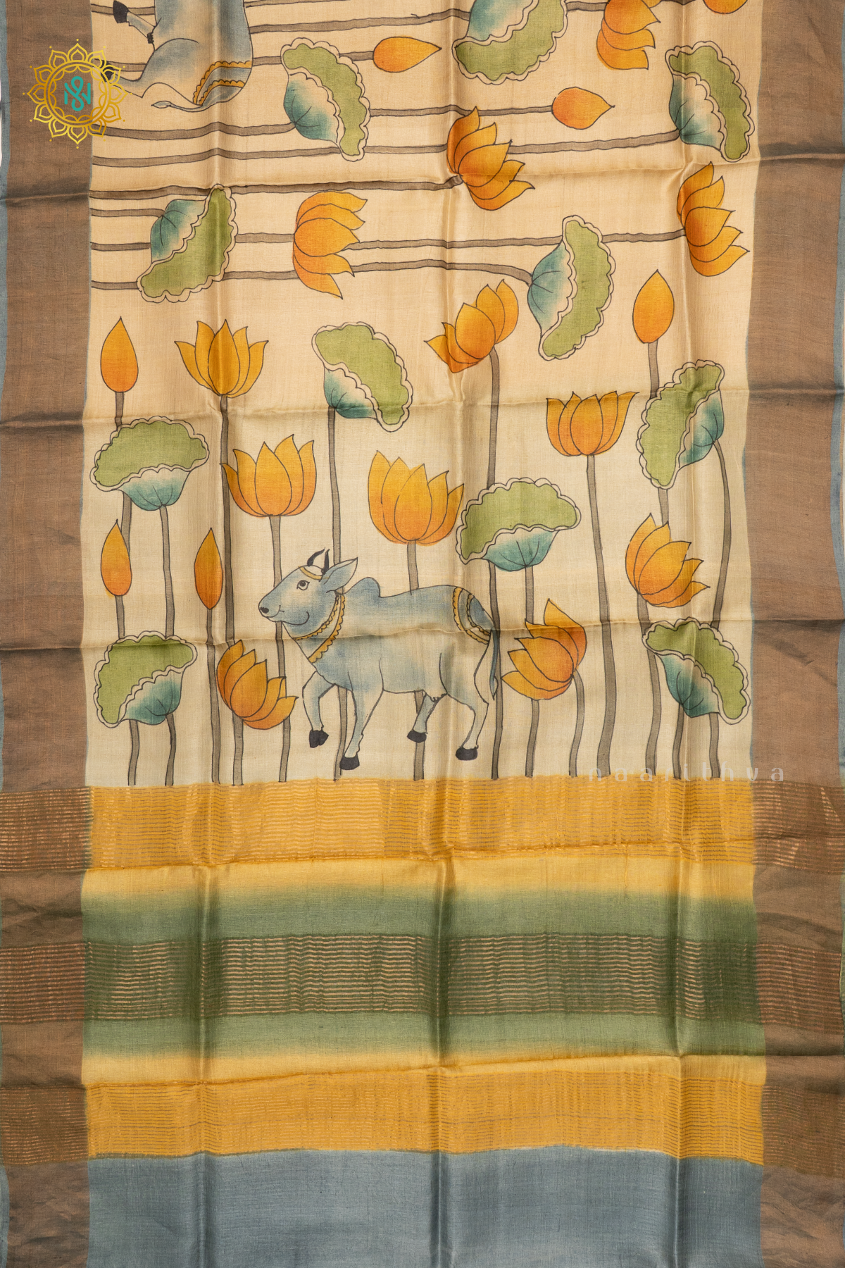 BEIGE WITH GREY - PURE TUSSAR SILK