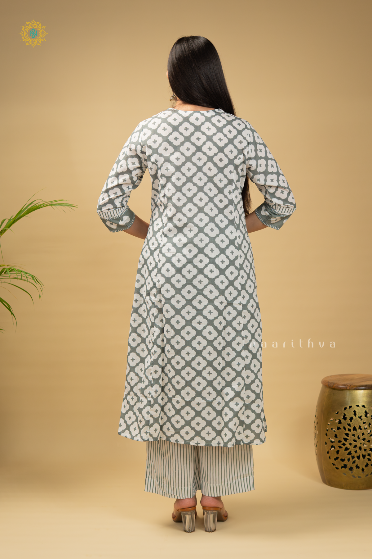 WHITE WITH GREYISH GREEN - COTTON 2PC SALWAR SUIT WITH PRINTED TOP & BOTTOM