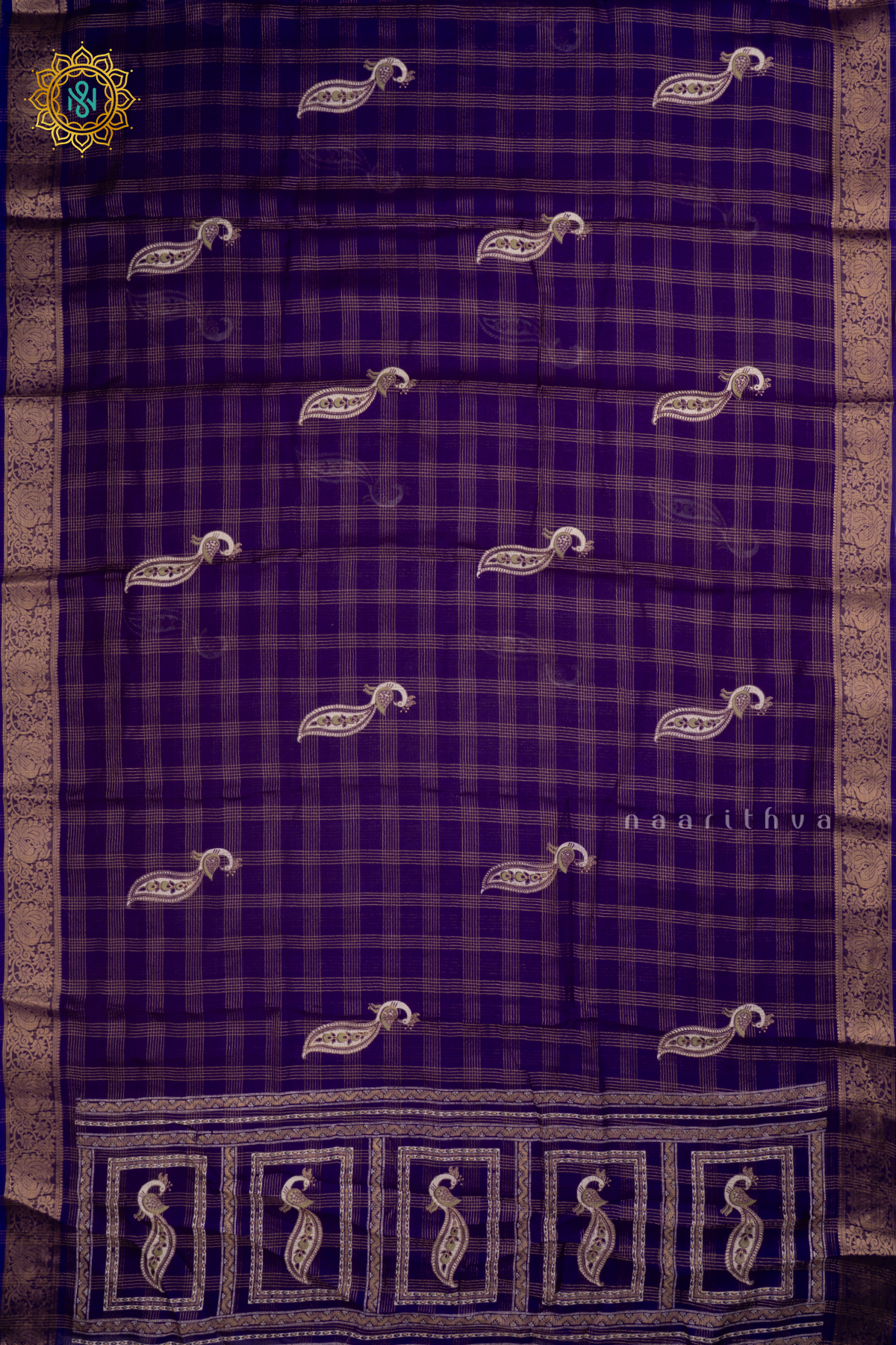 Purple Semi Georgette Saree With Zari Checks Body, Printed Buttas And Zari Border