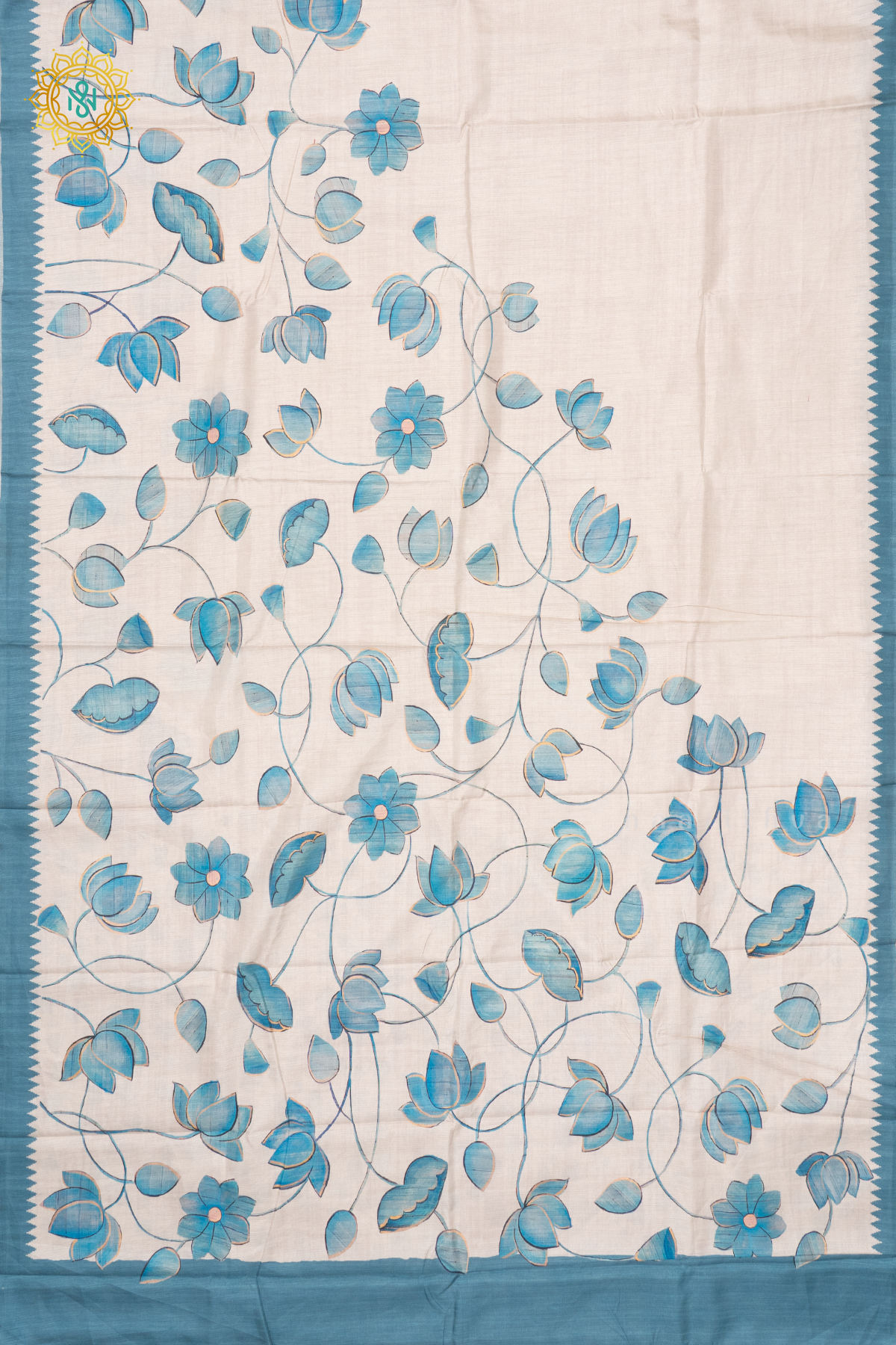 OFF WHITE WITH AQUA BLUE - SEMI TUSSAR SILK