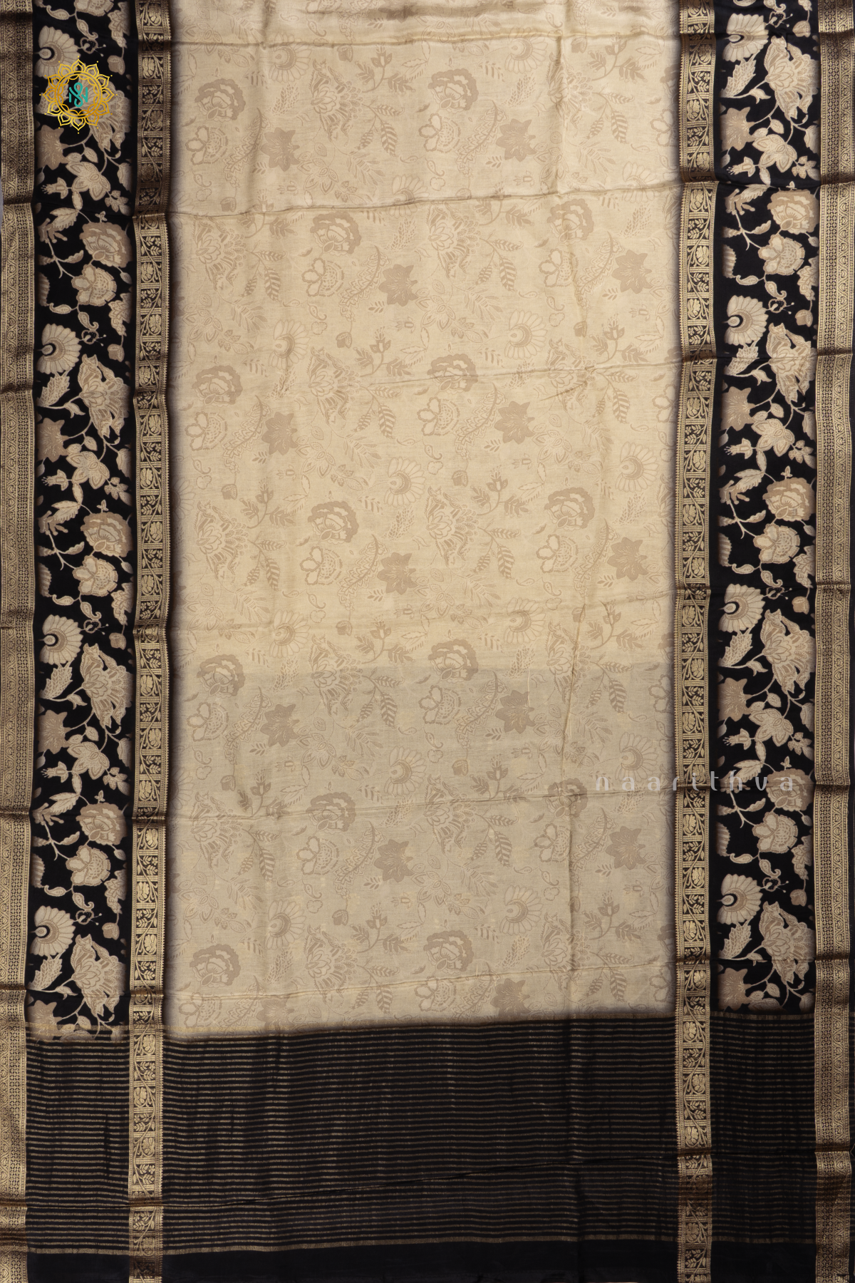 Off White With Black Printed Semi Crepe Silk Saree With Contrast Bentex Zari Border & Pallu