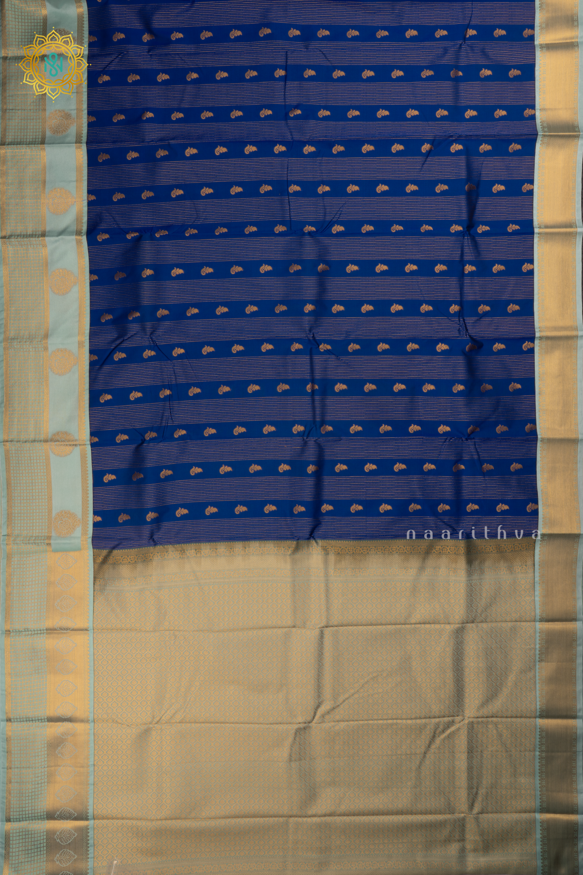 Royal Blue With Aqua Green Semi Kanchi Saree With Zari Buttas All Over And Contrast Zari Border
