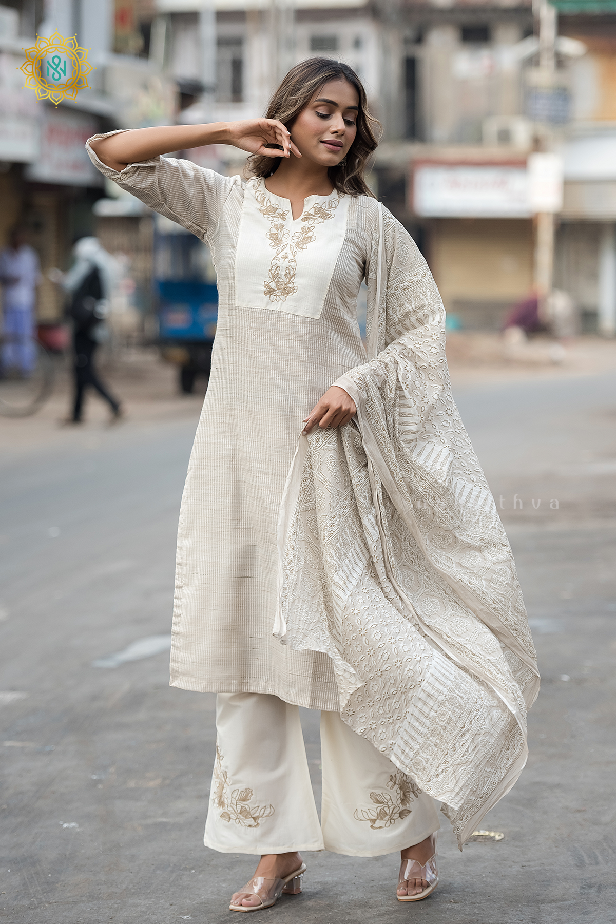 OFF WHITE - LINEN BY COTTON 3PC SALWAR SUIT WITH TOP, BOTTOM & DUPATTA