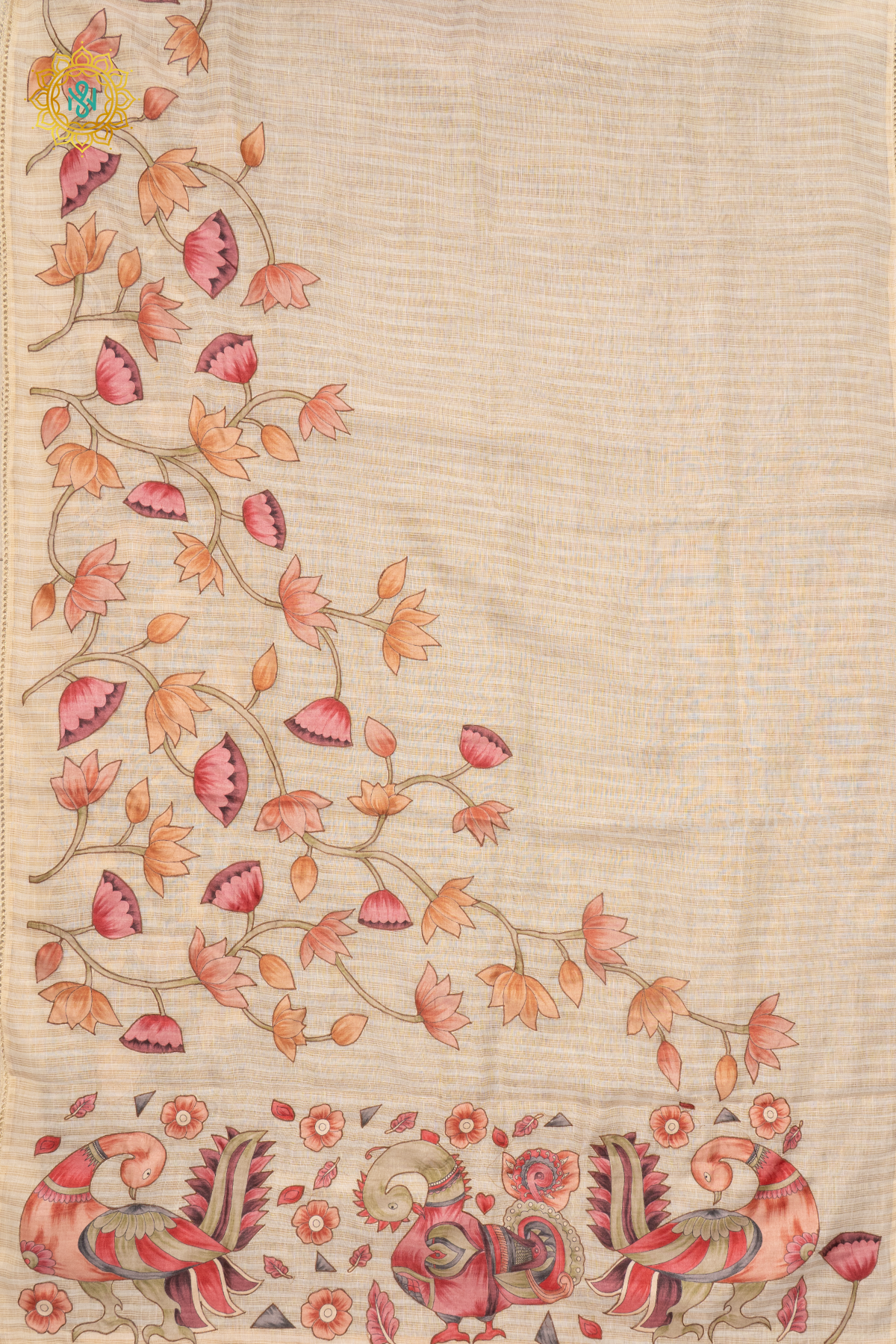 OFF WHITE WITH PEACH - LINEN TISSUE WITH APPLIQUE WORK