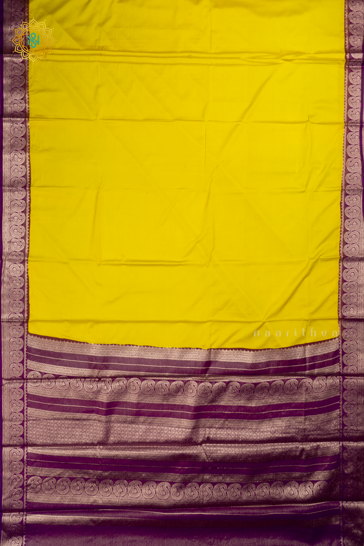 Yellow With Purple Semi Mysore Crepe Saree With Plain Body And Contrast Mango Zari Border