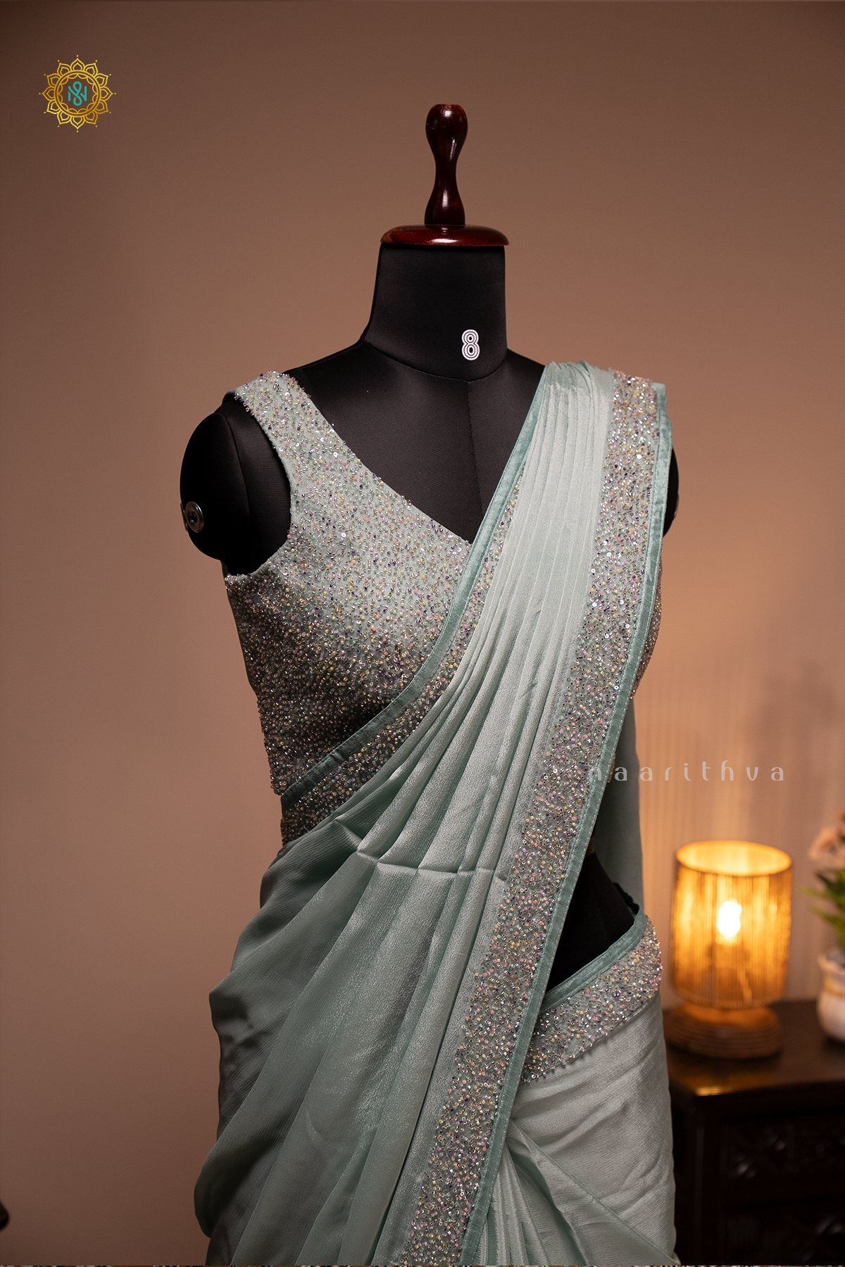 Light Blue Chinnon Designer Wear Saree with Readymade Blouse