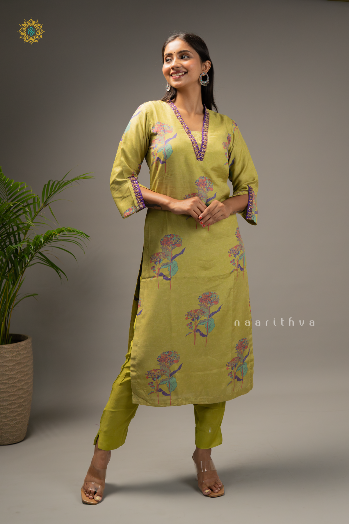 GREEN WITH PURPLE - MUSLIN 3PC SALWAR SUIT WITH TOP, BOTTOM & DUPPATA
