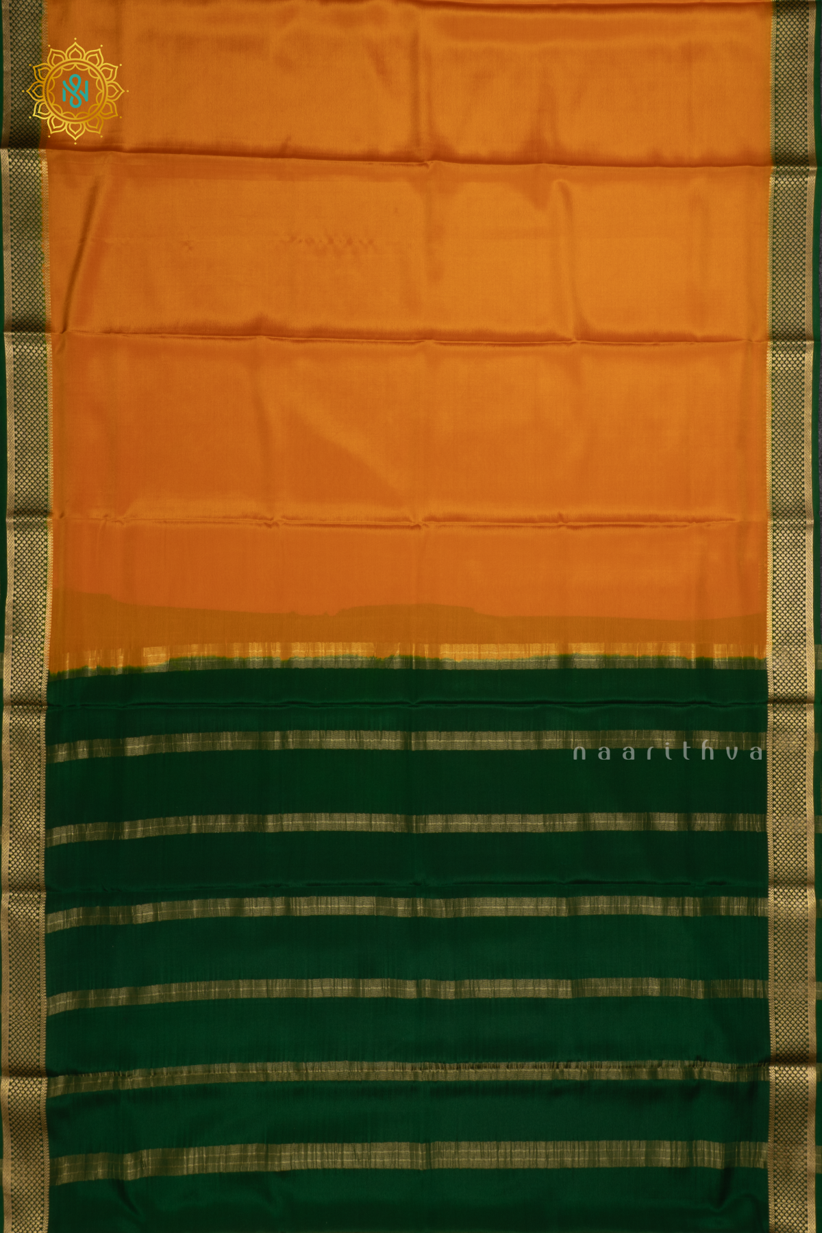 MUSTARD YELLOW WITH BOTTLE GREEN - PURE MYSORE CREPE SILK SAREE