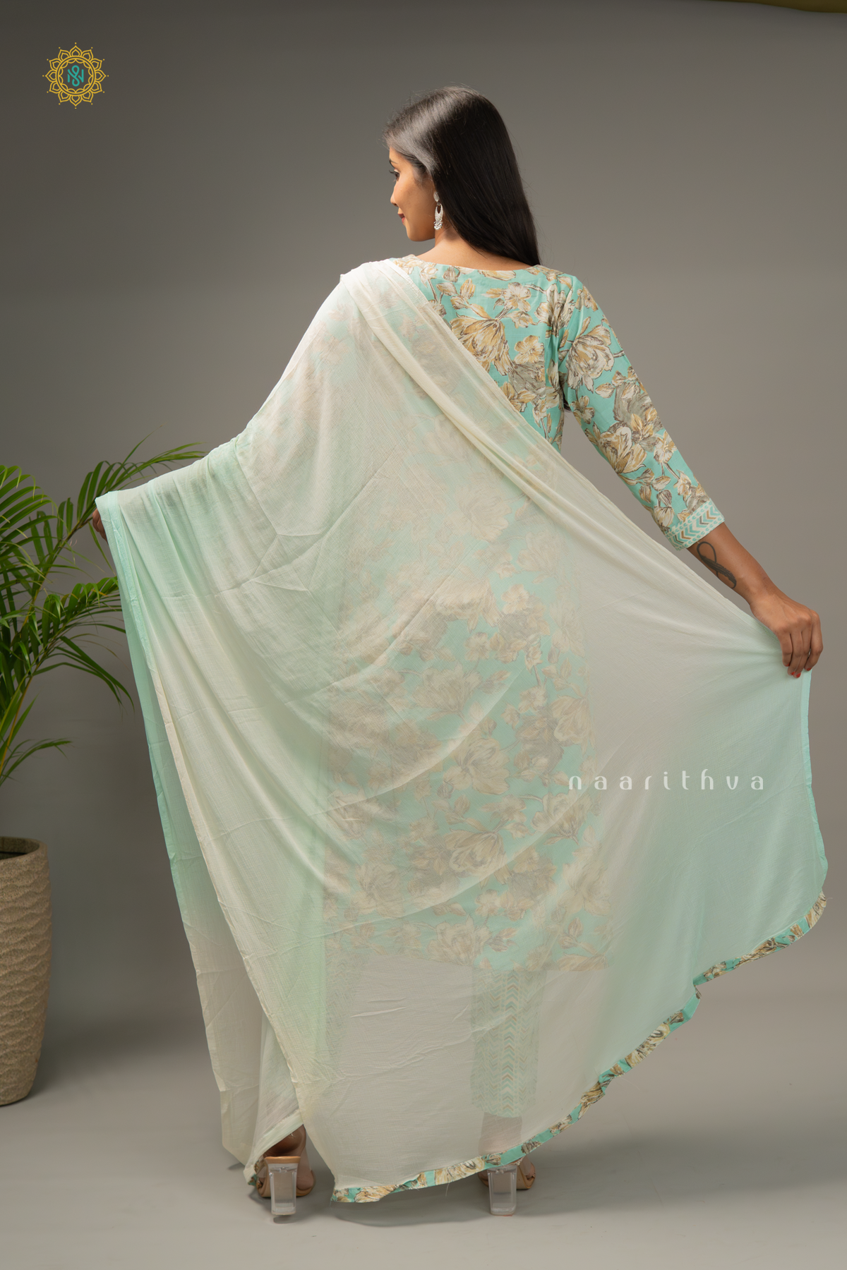 AQUA GREEN - 3PC SALWAR SUIT WITH PRINTED TOP, DUPATTA & BOTTOM