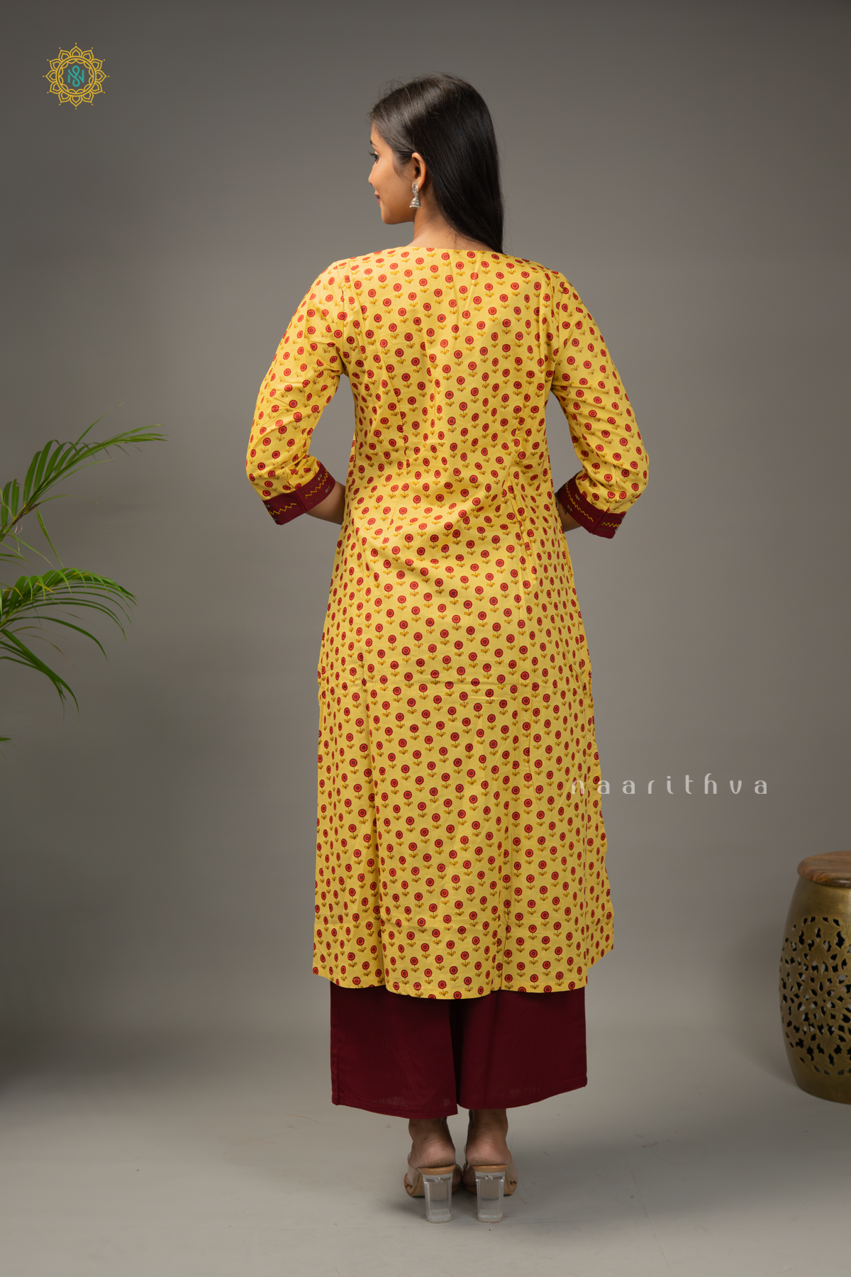 YELLOW WITH MAROON - COTTON 2PC SALWAR SUIT WITH PRINTED TOP & BOTTOM