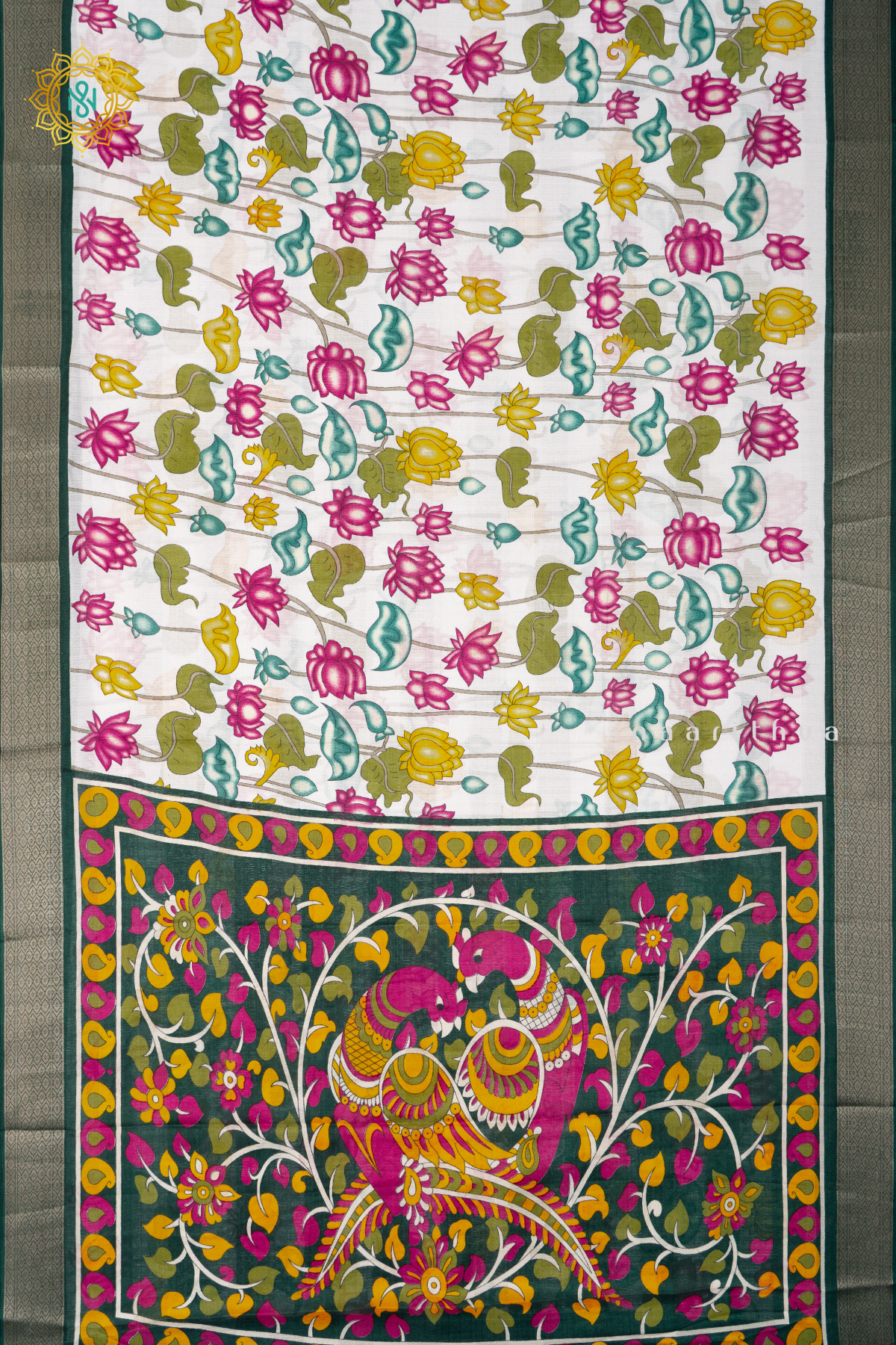 WHITE WITH BOTTLE GREEN - JUTE COTTON