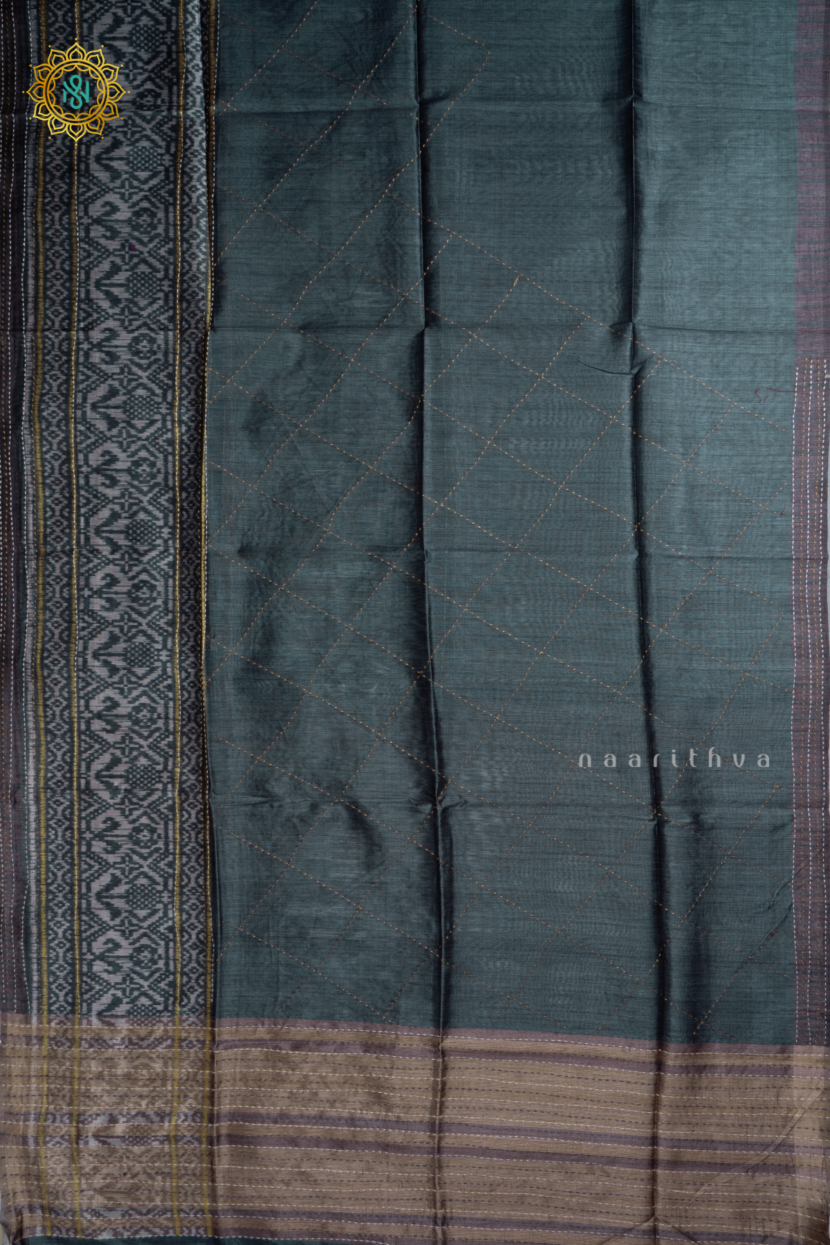 Grey With Beige Semi Tussar Silk Saree With Ikkat Print Border