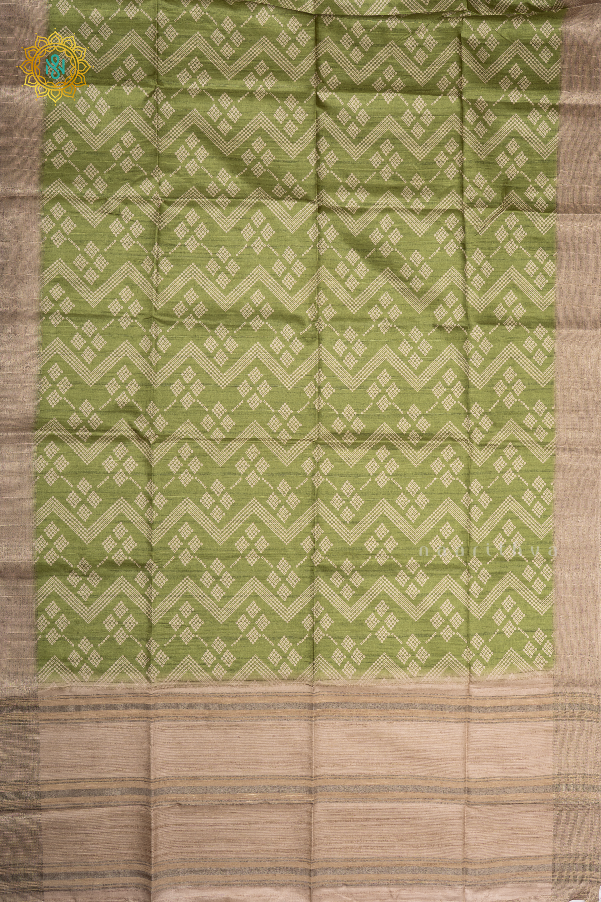 GREEN WITH BEIGE - SEMI TUSSAR SILK
