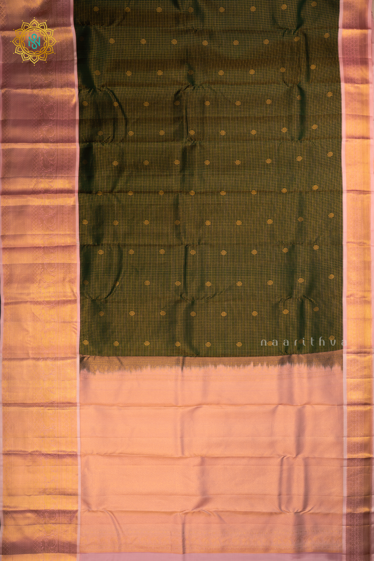 DUAL SHADE PEACOCK GREEN WITH PEACHISH PINK - PURE KANJIVARAM SILK