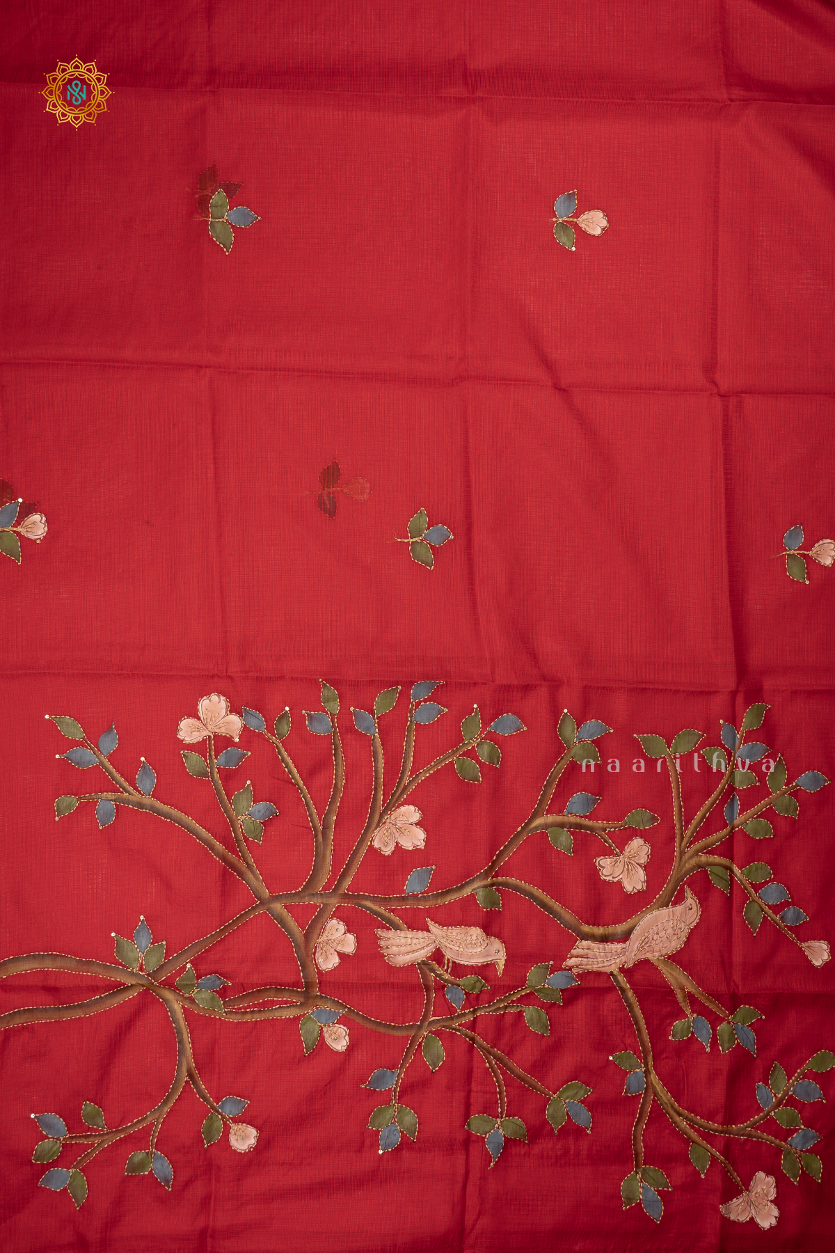 Red Kota Organza With Hand-Painted And Katha Work On The Body