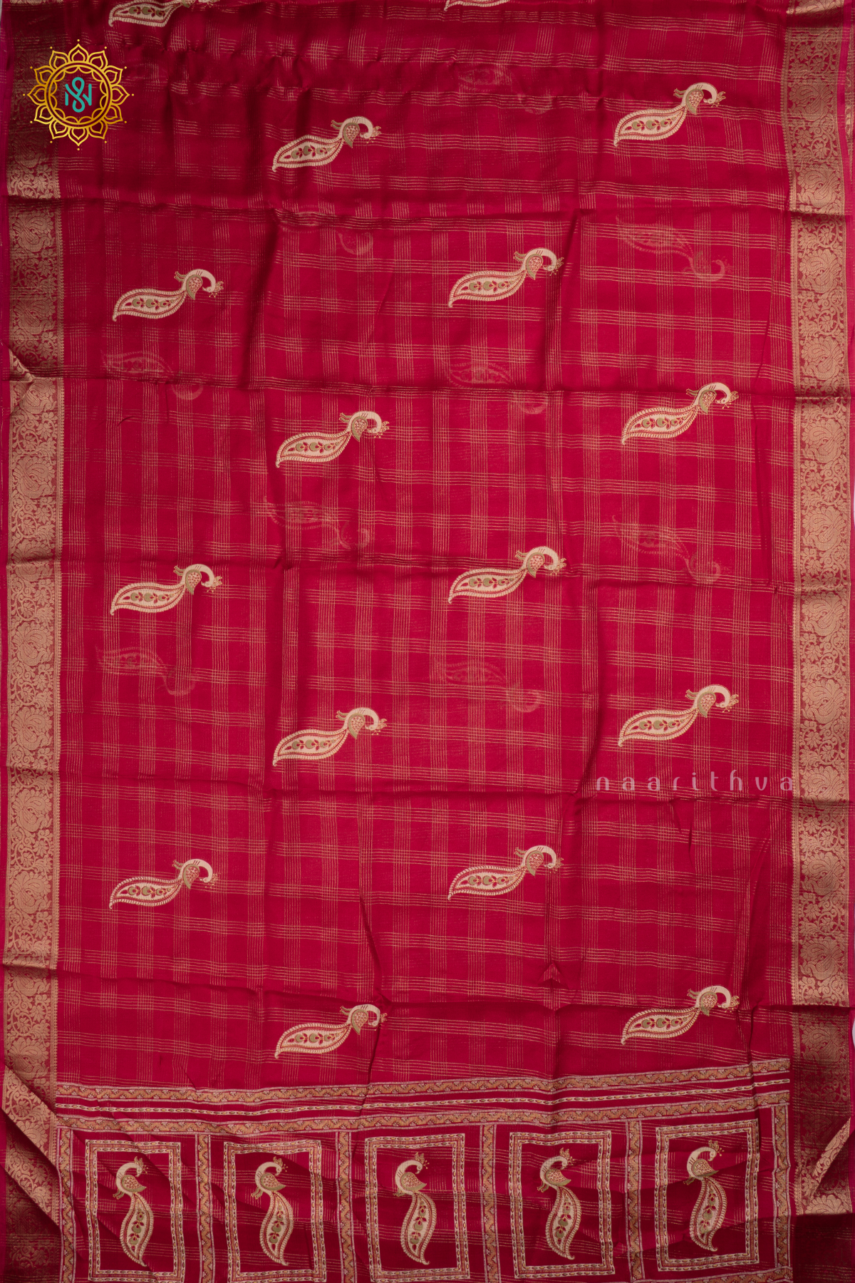 Rani Pink Semi Georgette Saree With Zari Checks Body, Printed Buttas And Zari Border